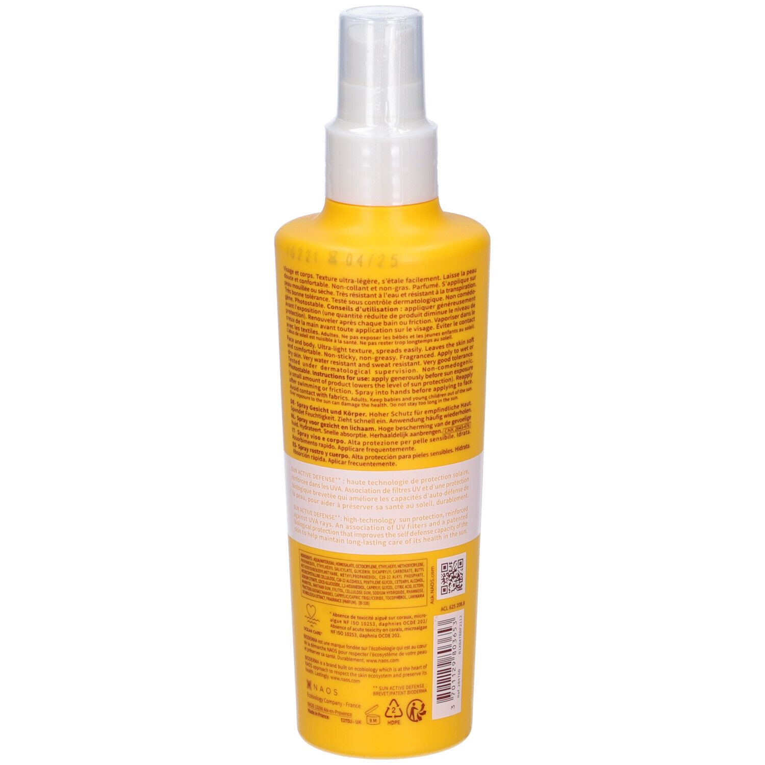 Retro di un flacone spray giallo con erogatore bianco. Informazioni testuali e codice QR.