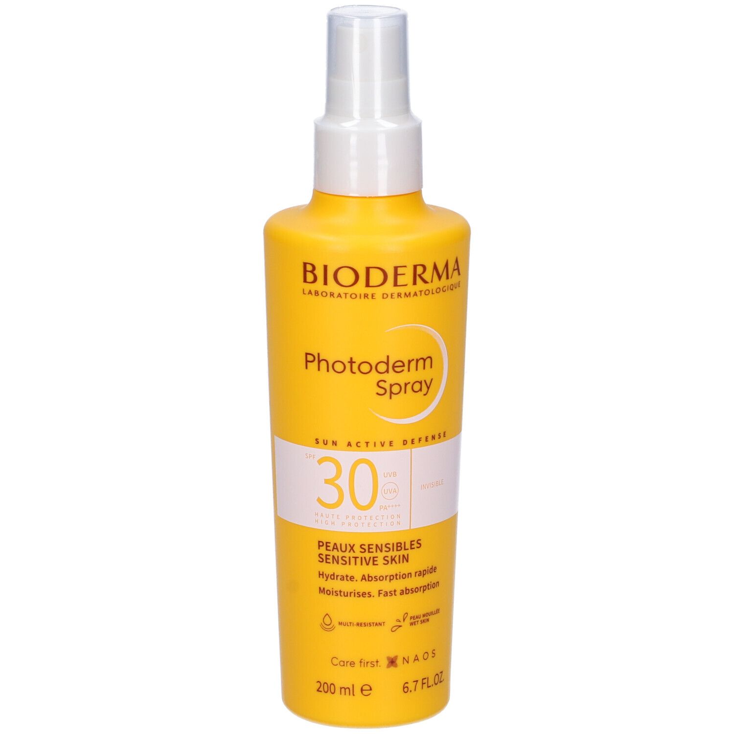 Flacone spray giallo con erogatore bianco. Scritta: BIODERMA Photoderm Spray SPF30. Per pelli sensibili.