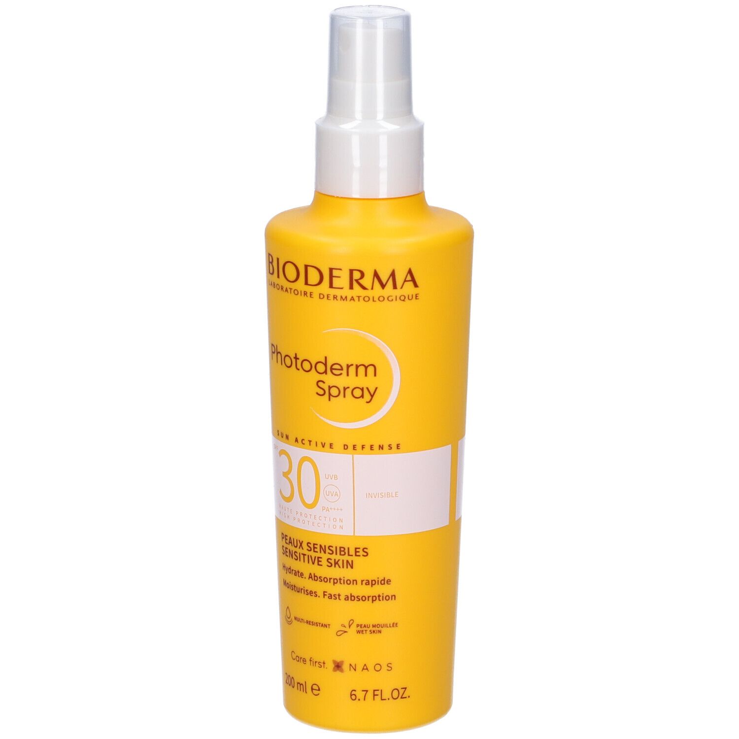 Flacone spray giallo con erogatore bianco. Scritta: BIODERMA Photoderm Spray SPF30. Per pelli sensibili.