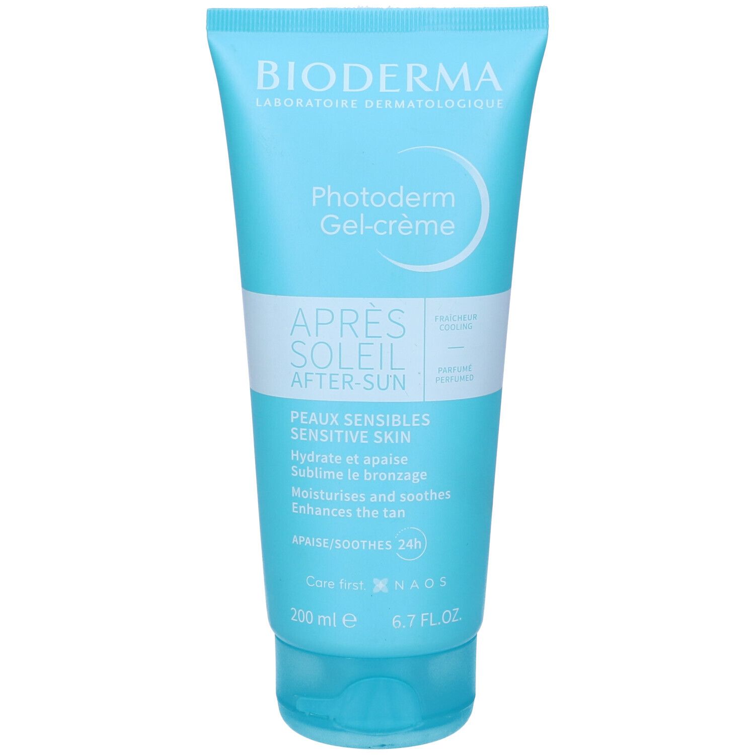 Tubo azzurro chiaro. BIODERMA, Photoderm Gel-crème, Après Soleil. Testo frontale. 200 ml.