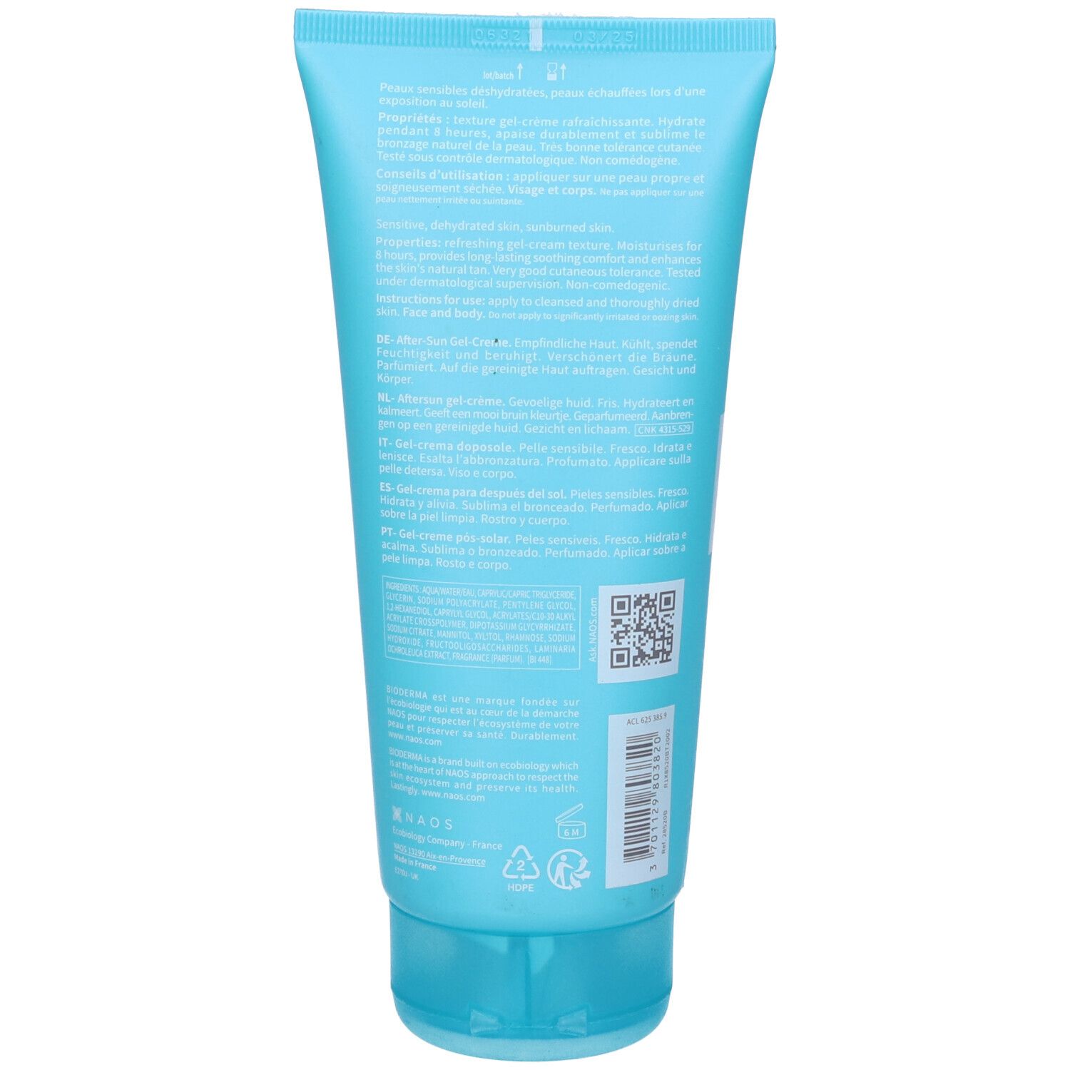 Retro del tubo azzurro chiaro. Testo e codice QR. Informazioni sul prodotto.