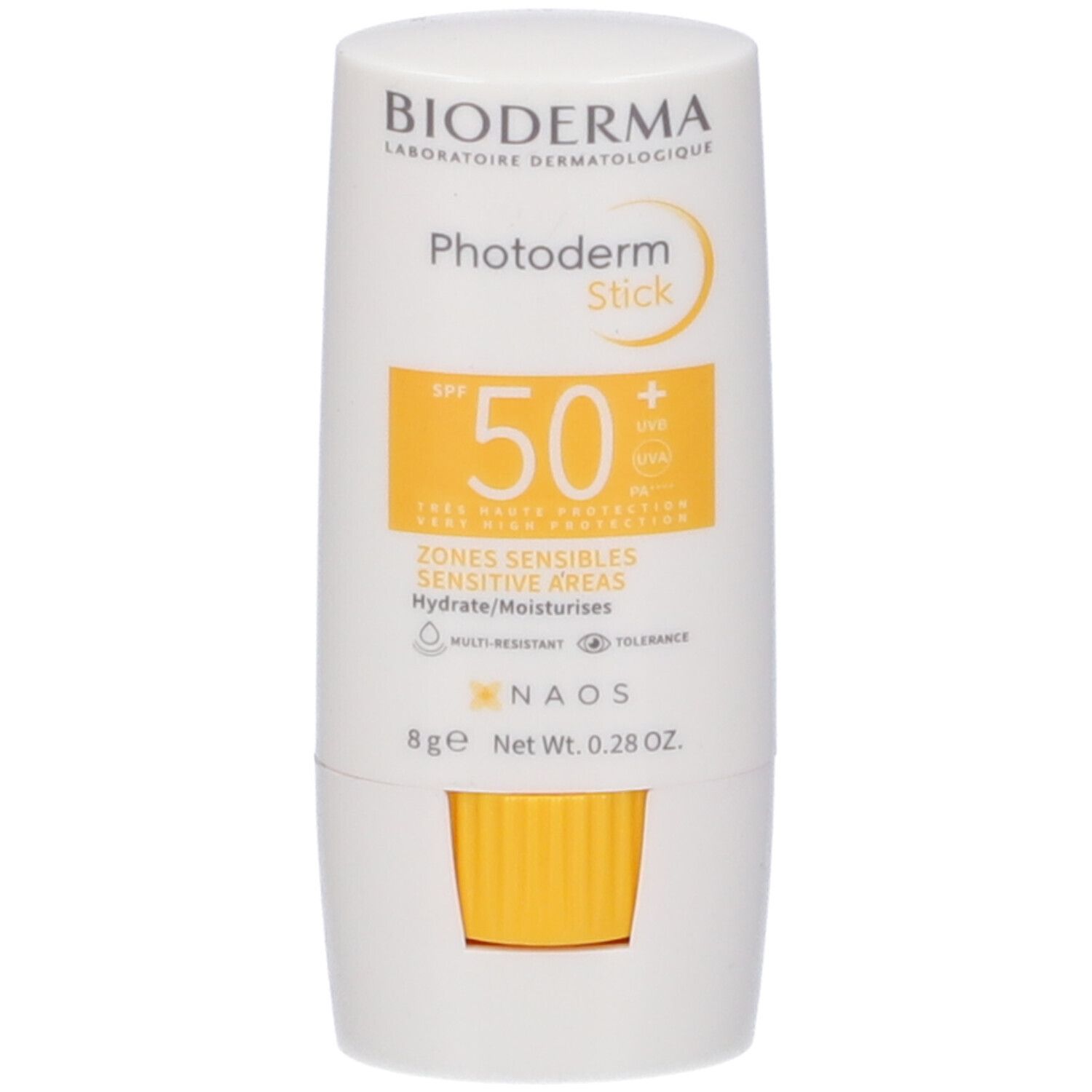 Stick solare bianco con etichetta gialla. Scritte: BIODERMA, Photoderm Stick SPF50+. Contiene 8g.