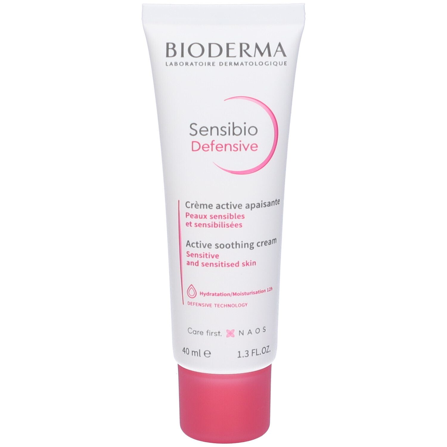 Tubo BIODERMA Sensibio Defensive. Bianco con tappo rosa. Testo e logo frontali. Crema lenitiva leggera.