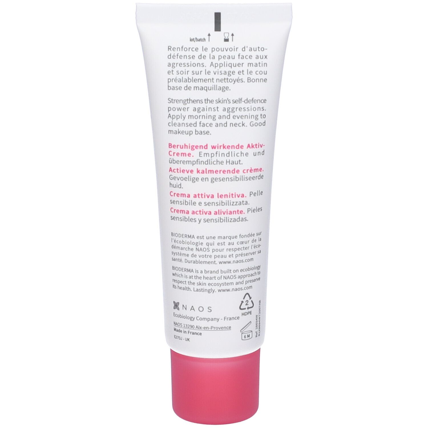 Retro del tubo BIODERMA Sensibio Defensive. Testo multilingue. Tappo rosa. Informazioni prodotto.