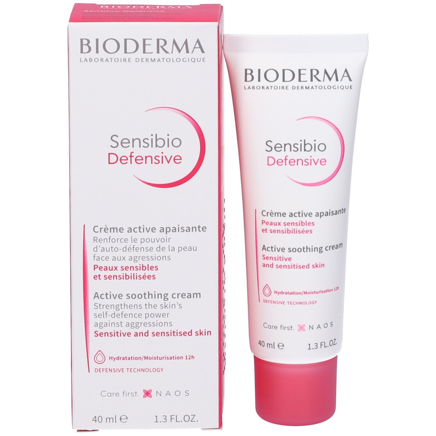 BIODERMA Sensibio Defensive crema con confezione. Tubo e scatola. Rosa e bianco. Testo e logo.