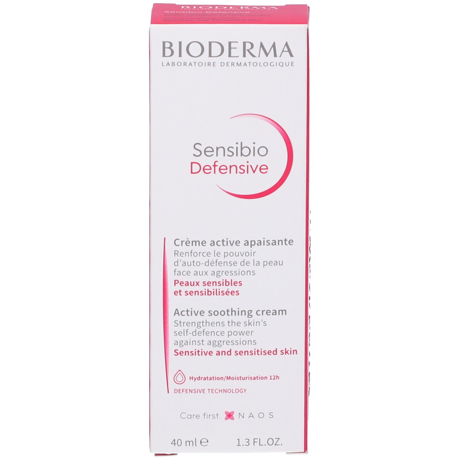 Confezione BIODERMA Sensibio Defensive. Rosa e bianco. Testo e logo. Crema per pelli sensibili.
