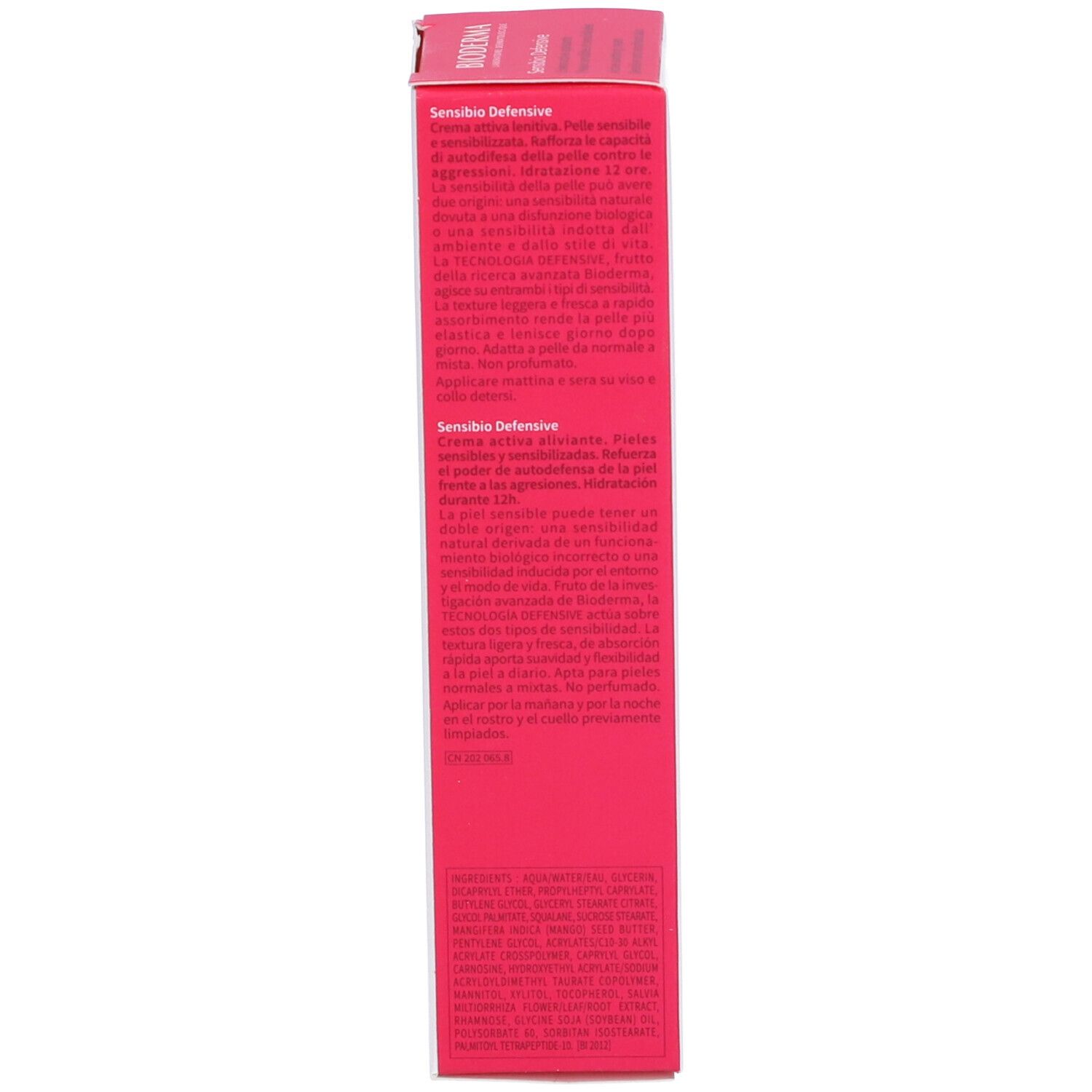 Lato della confezione BIODERMA Sensibio Defensive. Testo multilingue. Rosa e bianco.