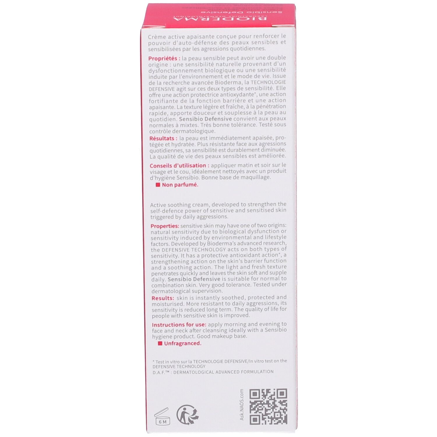 Retro della confezione BIODERMA Sensibio Defensive. Testo multilingue. Rosa e bianco.