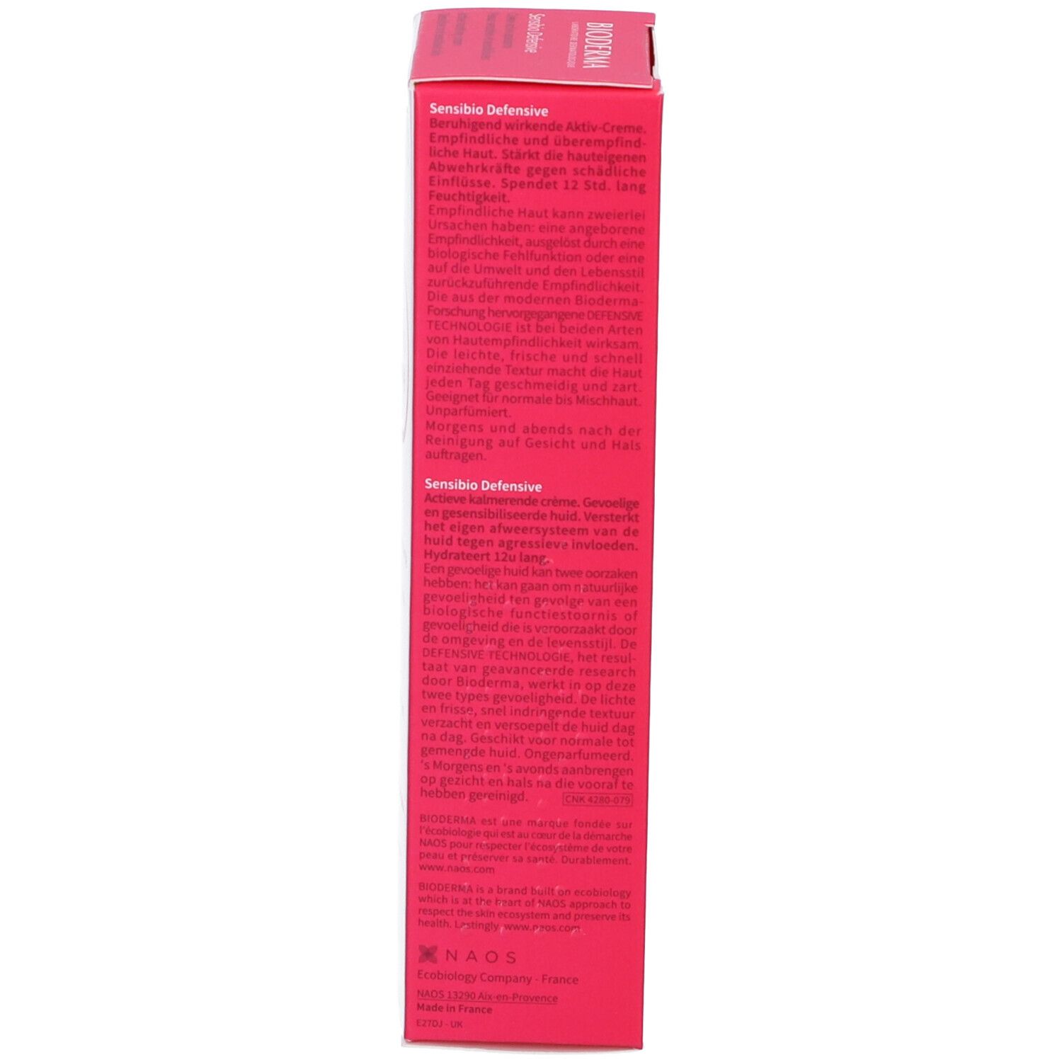 Lato della confezione BIODERMA Sensibio Defensive. Testo multilingue. Rosa e bianco.
