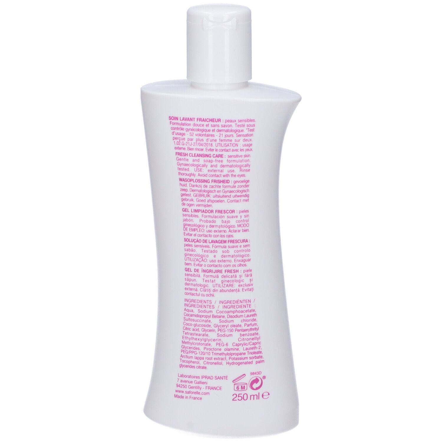 Retro del flacone bianco Saforelle. Testo rosa con ingredienti e informazioni. 250 ml.
