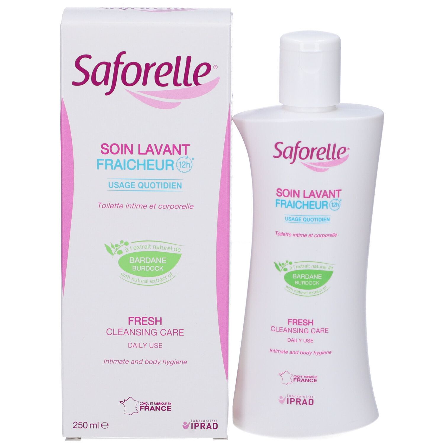 Prodotto Saforelle e confezione. Flacone e scatola. Testo: Soin Lavant Fraicheur, Uso Quotidiano. Logo verde Bardane. 250 ml.