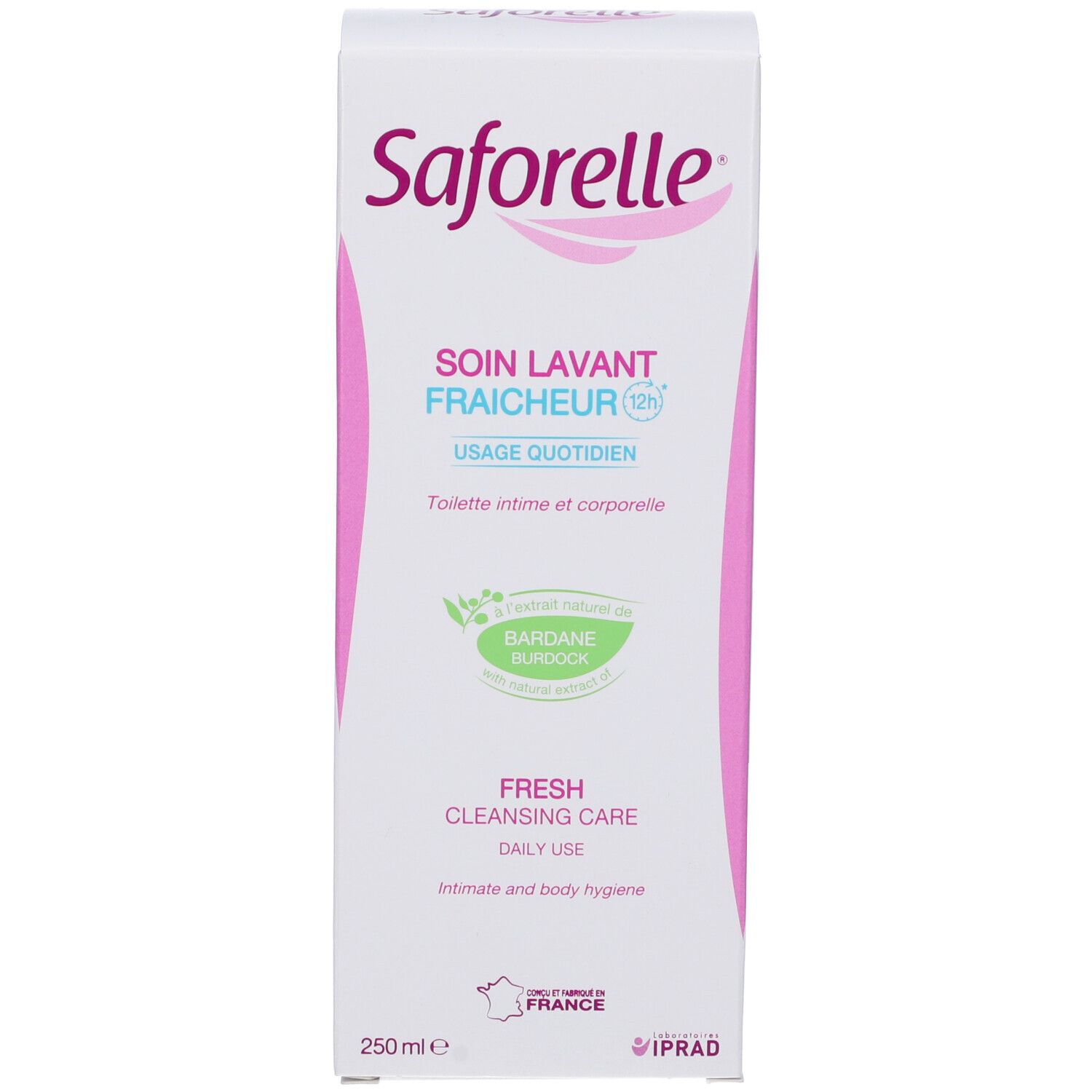 Confezione Saforelle. Testo: Soin Lavant Fraicheur, Uso Quotidiano. Logo verde Bardane. 250 ml. Bandiera francese.
