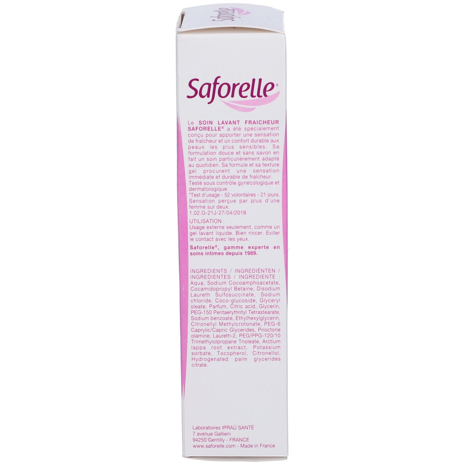 Confezione Saforelle. Testo sul lato. Ingredienti, istruzioni per l'uso. Logo. 250 ml.