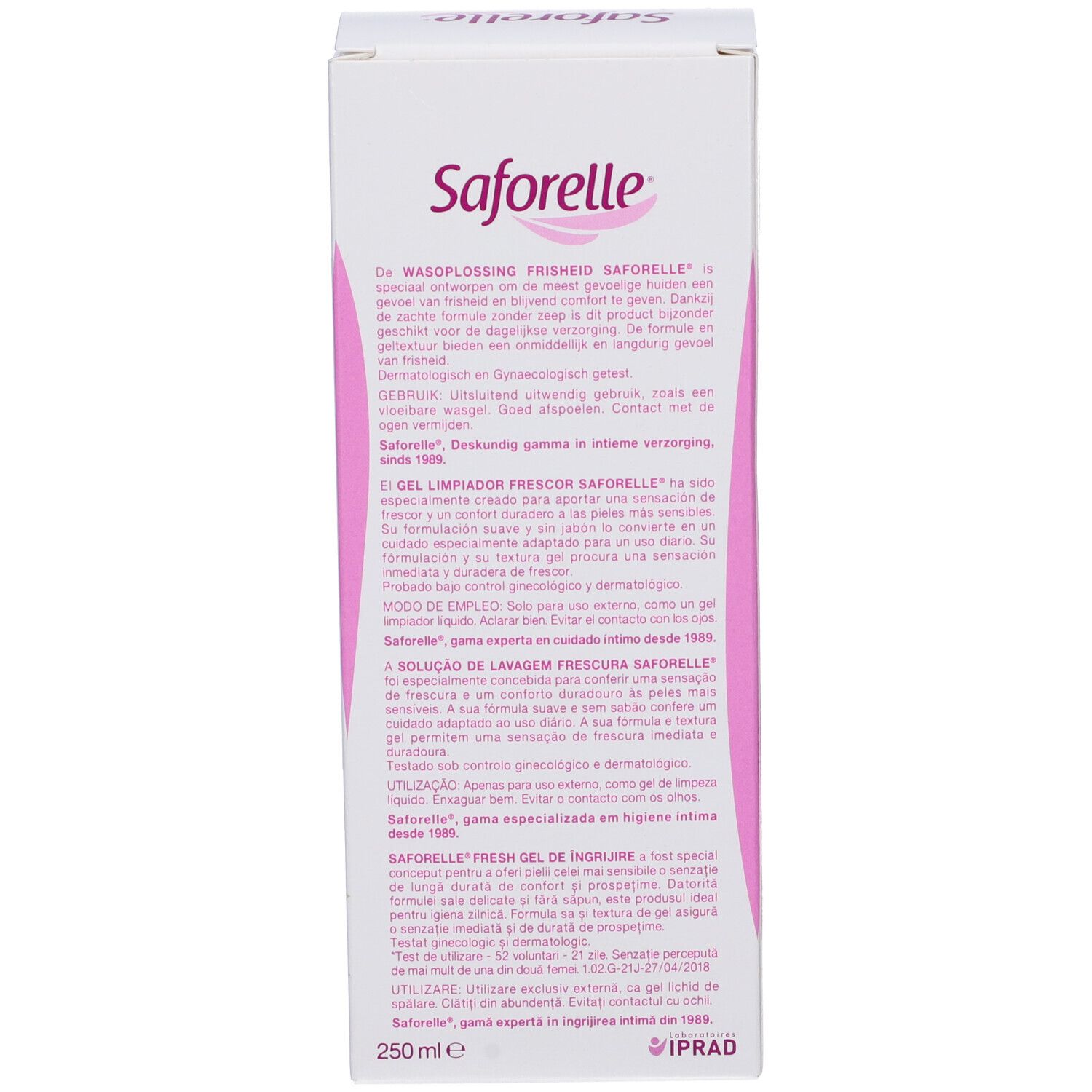 Confezione Saforelle. Testo in olandese. Ingredienti, istruzioni per l'uso. 250 ml.
