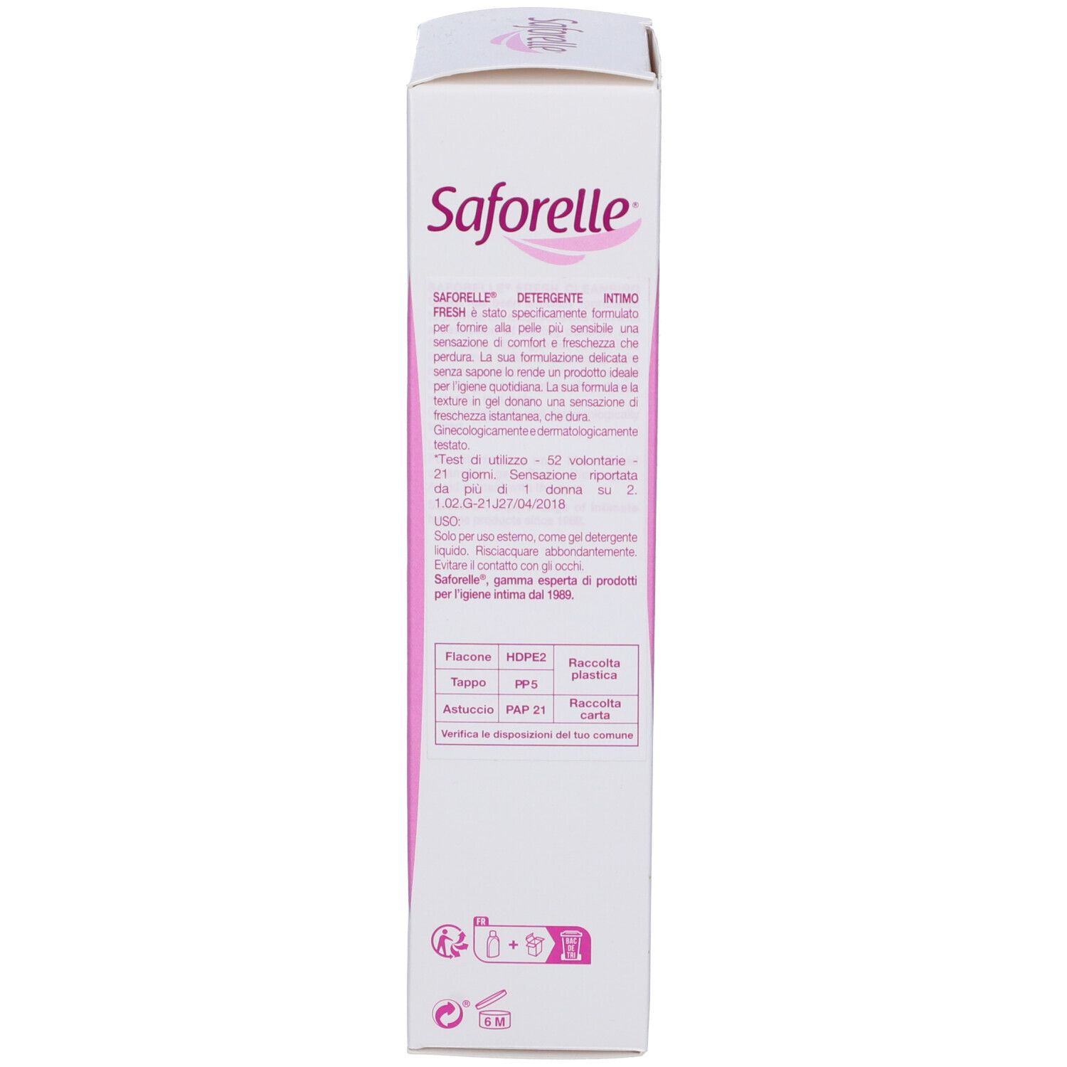 Confezione Saforelle. Testo in italiano. Ingredienti, istruzioni per l'uso. 250 ml.
