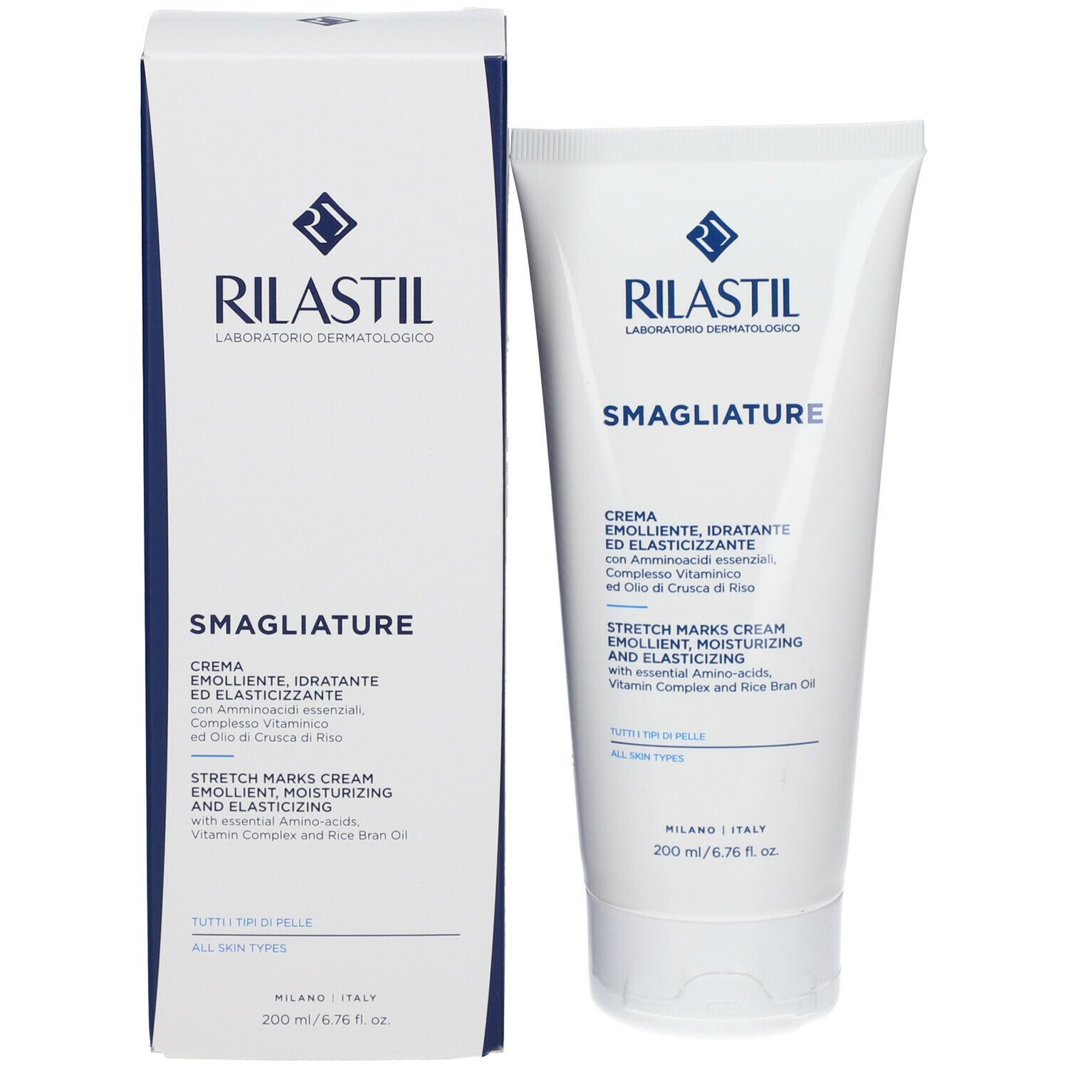 Rilastil crema smagliature. Tubo e scatola. Sulla scatola e sul tubo è visibile la scritta Smagliature.
