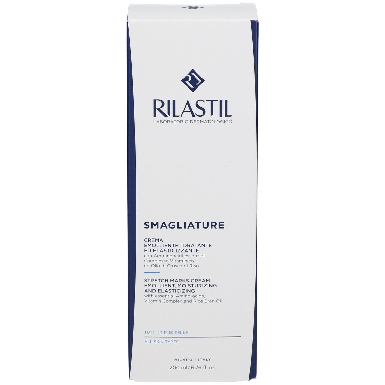 Scatola bianca Rilastil. Scritta blu: Smagliature, Crema, Stretch Marks Cream. Ingredienti e informazioni.