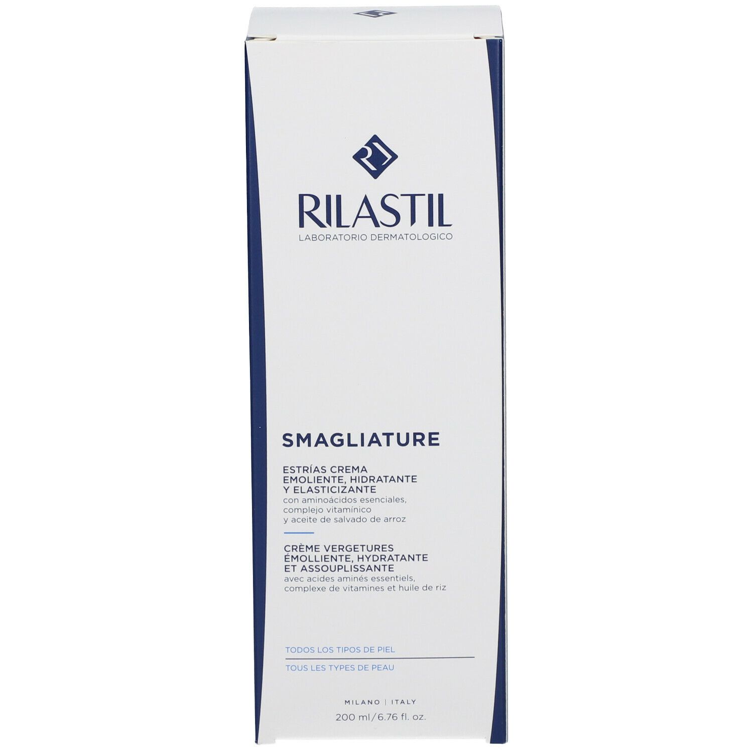 Scatola bianca Rilastil. Scritta blu: Smagliature, Crema, Stretch Marks Cream. Ingredienti e informazioni.