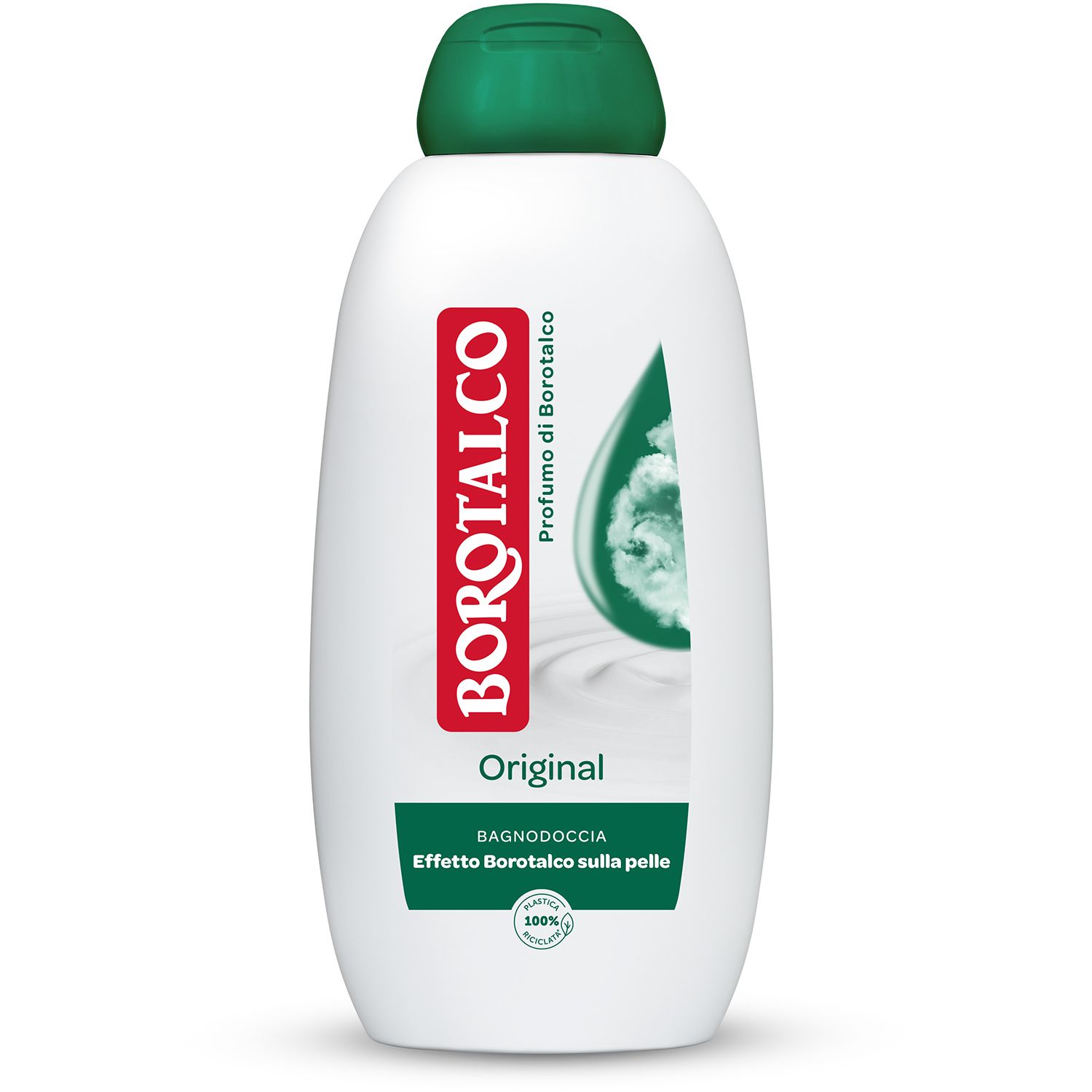 Flacone bianco e verde. Scritta rossa Borotalco. Scritta Original e BagnoDoccia. Tappo verde.
