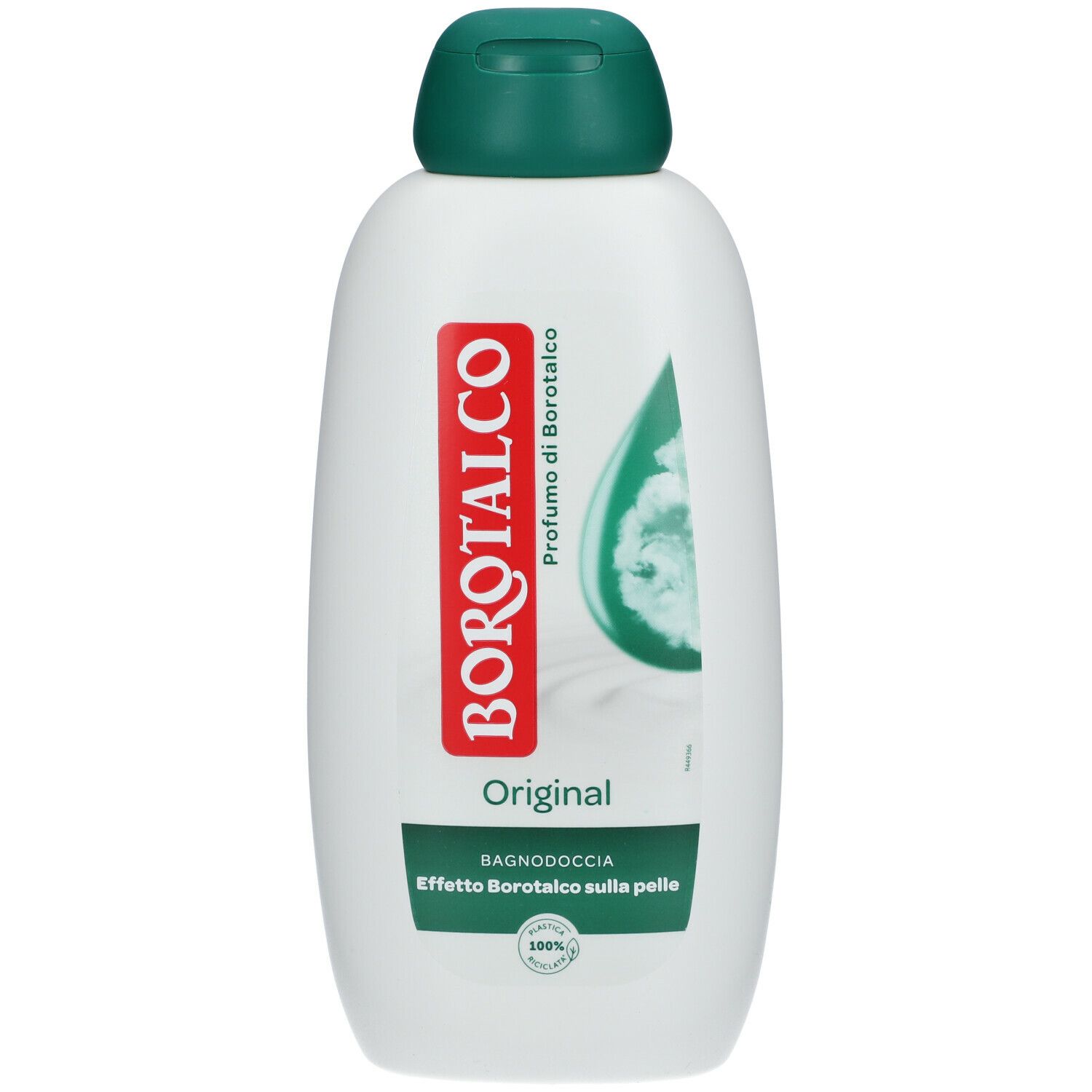 Flacone bianco e verde. Scritta rossa Borotalco. Scritta Original e BagnoDoccia. Tappo verde.