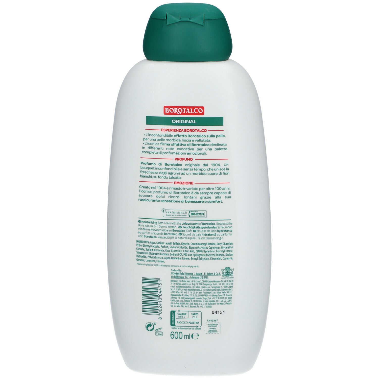 Retro di un flacone bianco. Testo in italiano. Tappo verde. Scritta 600ml.