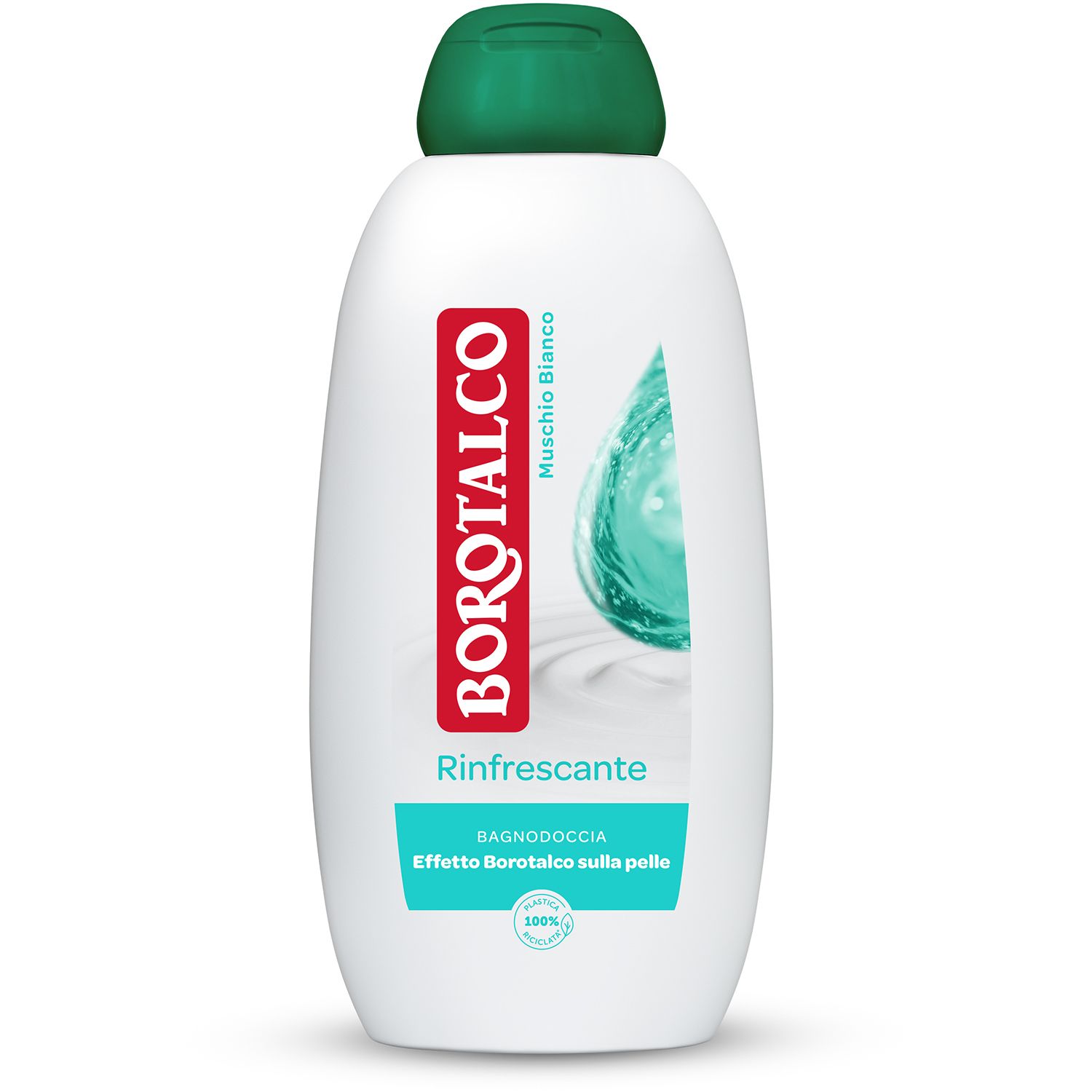 Flacone bianco con tappo verde. Logo rosso Borotalco. Scritta Rinfrescante. Illustrazione di liquido blu.