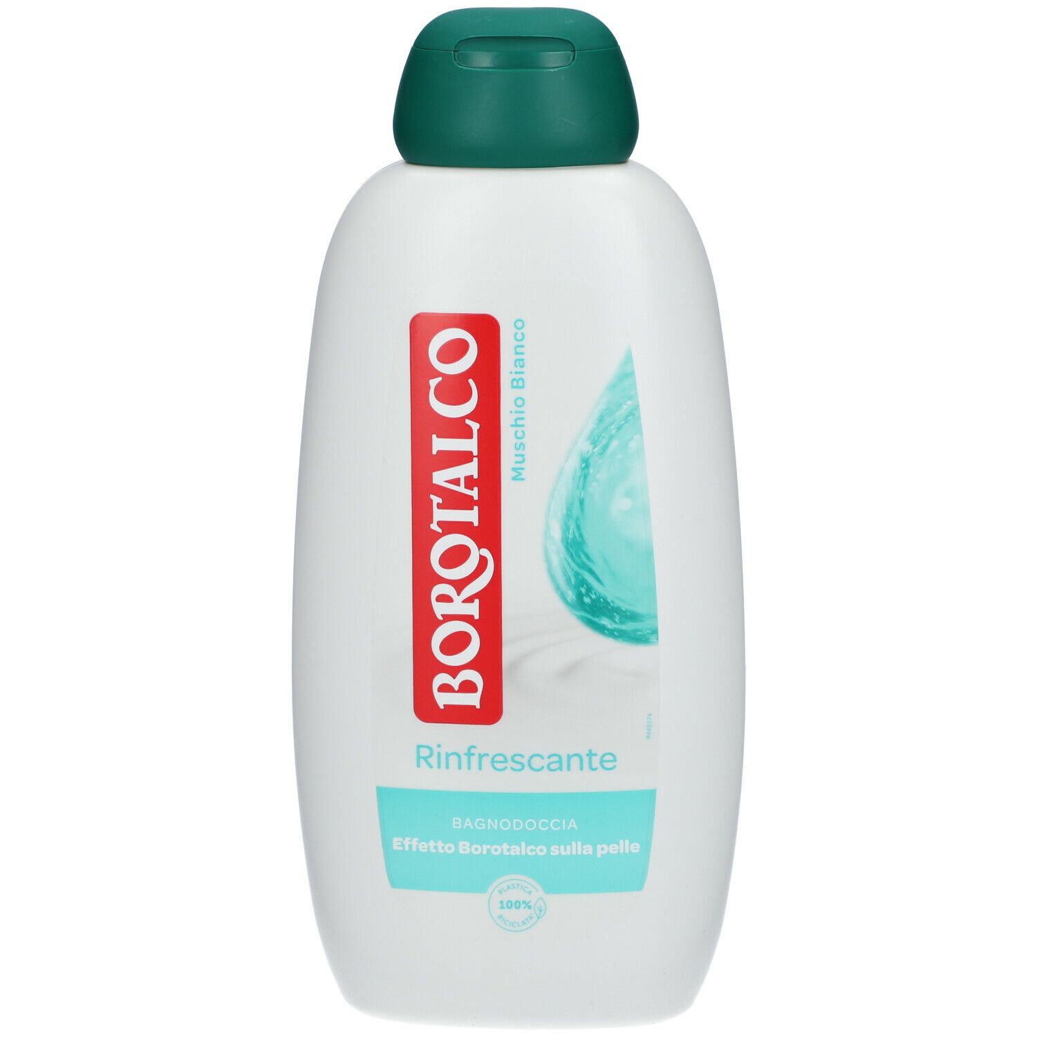 Flacone bianco con tappo verde. Logo rosso Borotalco. Scritta Rinfrescante. Illustrazione di liquido blu.