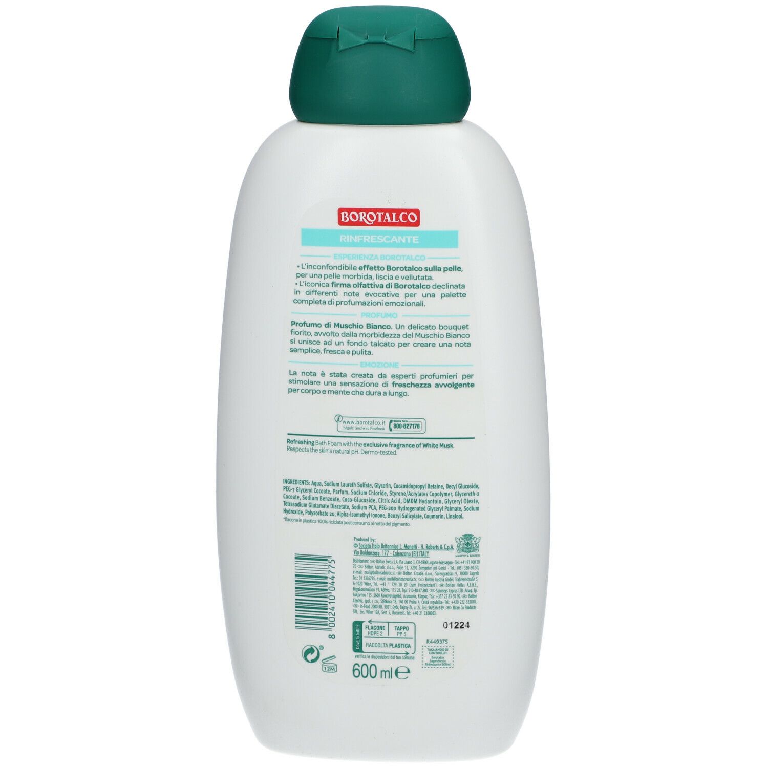 Retro di un flacone bianco con tappo verde. Testo e codice a barre. Scritta Borotalco. 600 ml.