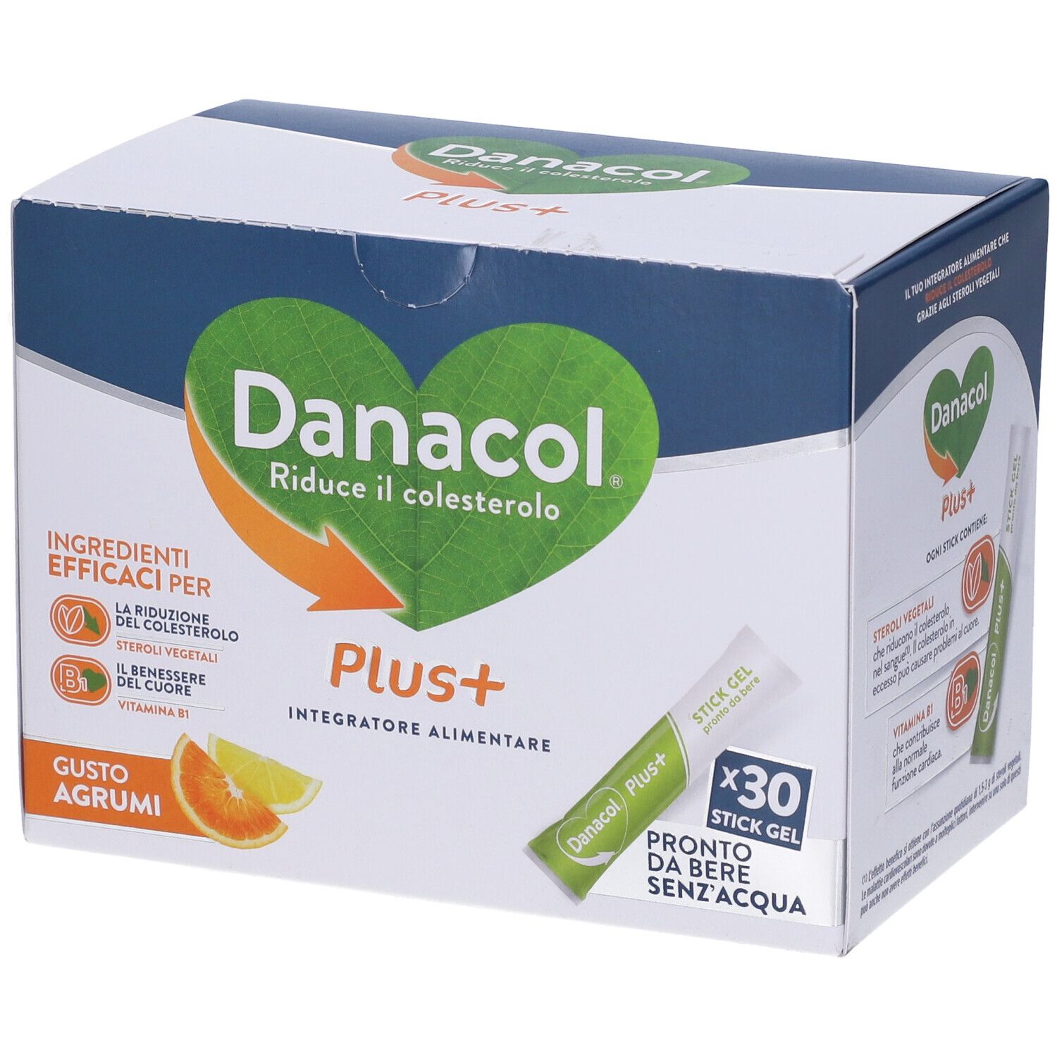 Scatola di Danacol Plus+ Stickgel. Scritte: Danacol, Plus+, 30 Stickgel, Gusto Agrumi. Un stickgel è visibile.