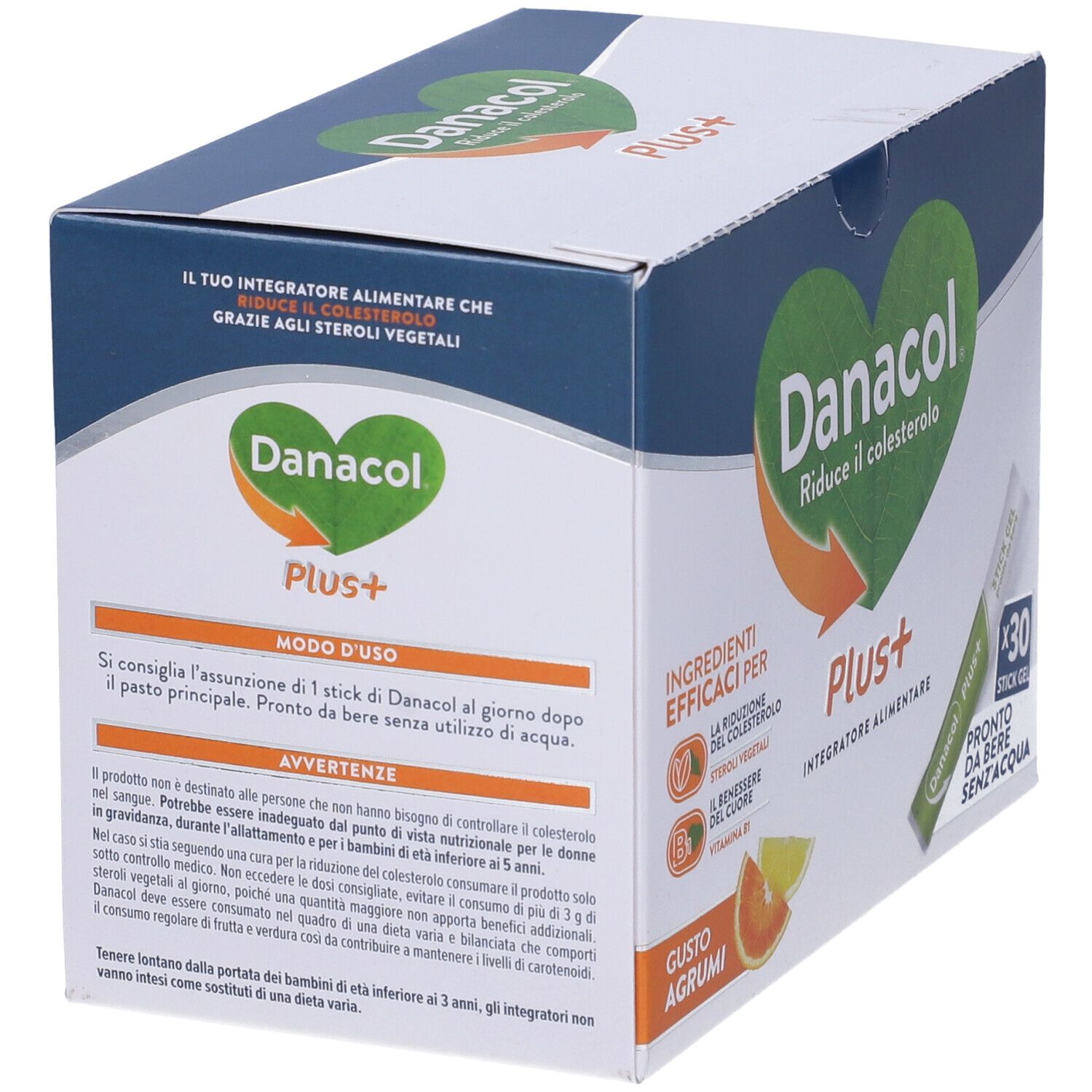 Scatola Danacol Plus+. Scritte: Danacol, Plus+, 30 Stickgel. Testo su uso e avvertenze.