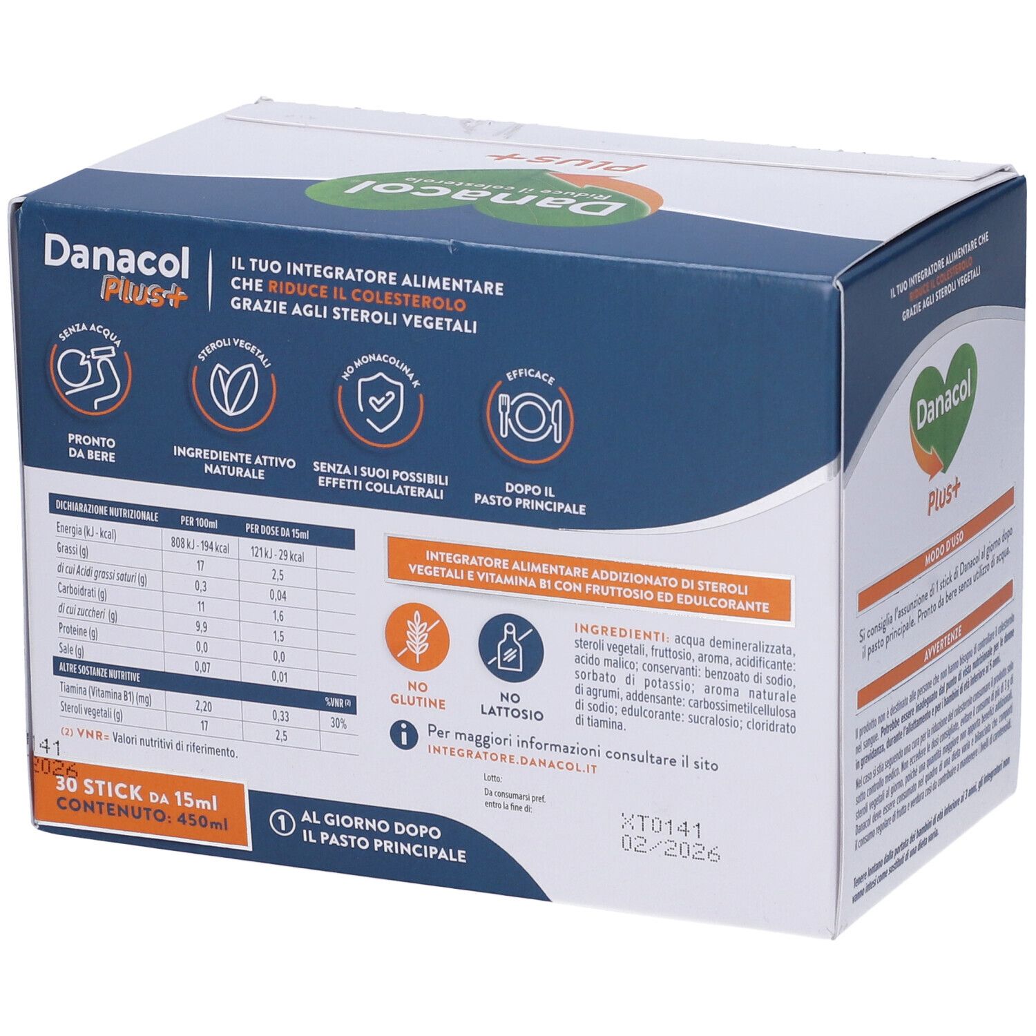 Scatola Danacol Plus+. Retro con informazioni nutrizionali e ingredienti. Scritta: 30 stick, 15ml.