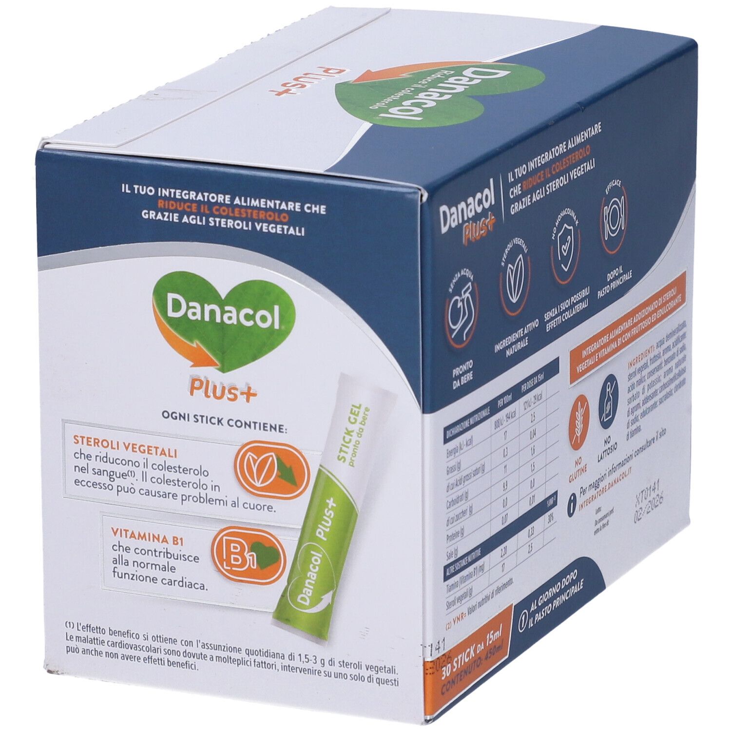 Scatola Danacol Plus+. Scritte: Danacol, Plus+, 30 Stickgel. Un stickgel con il nome del prodotto.