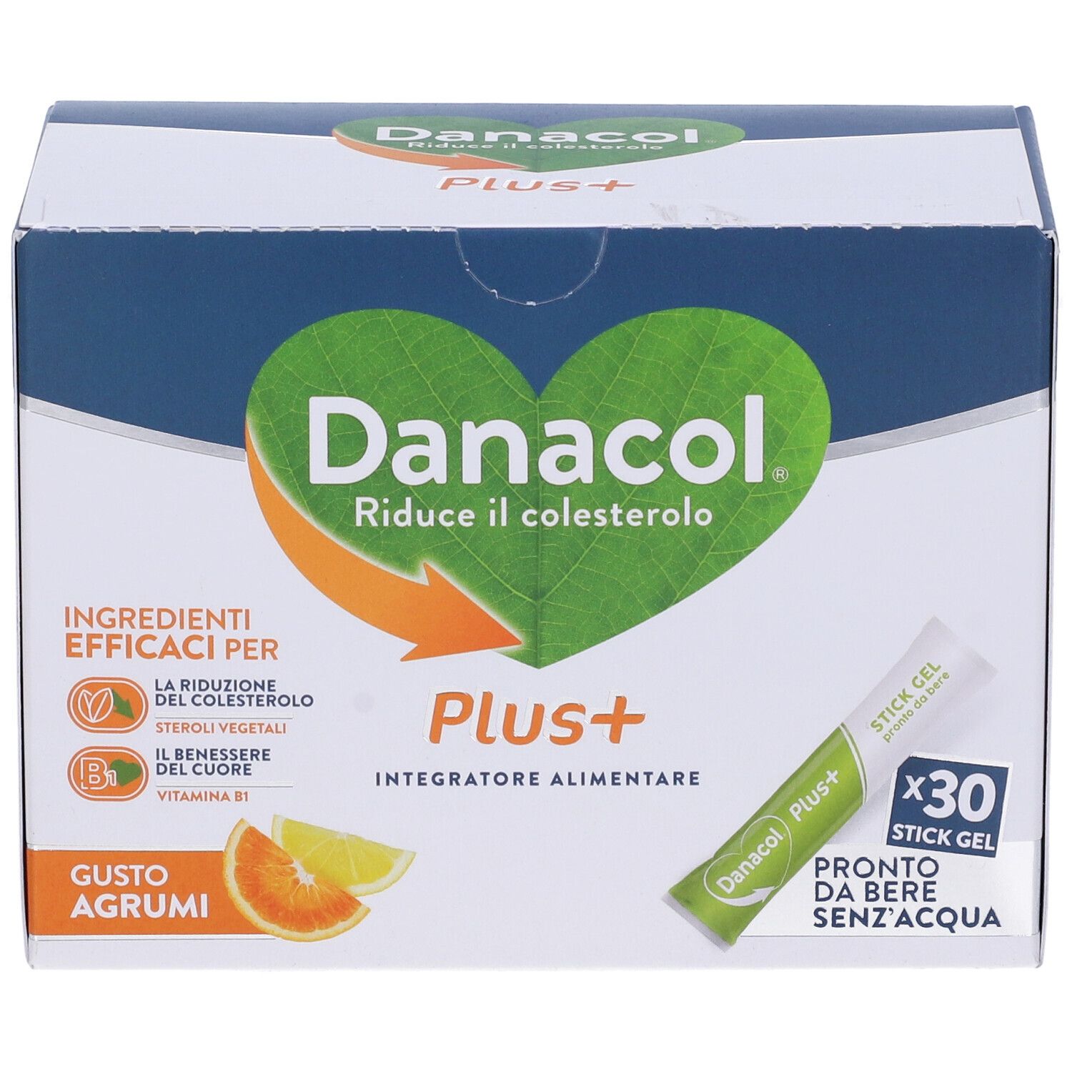 Scatola Danacol Plus+. Scritte: Danacol, Plus+, 30 Stickgel, Gusto Agrumi. Un stickgel è visibile.