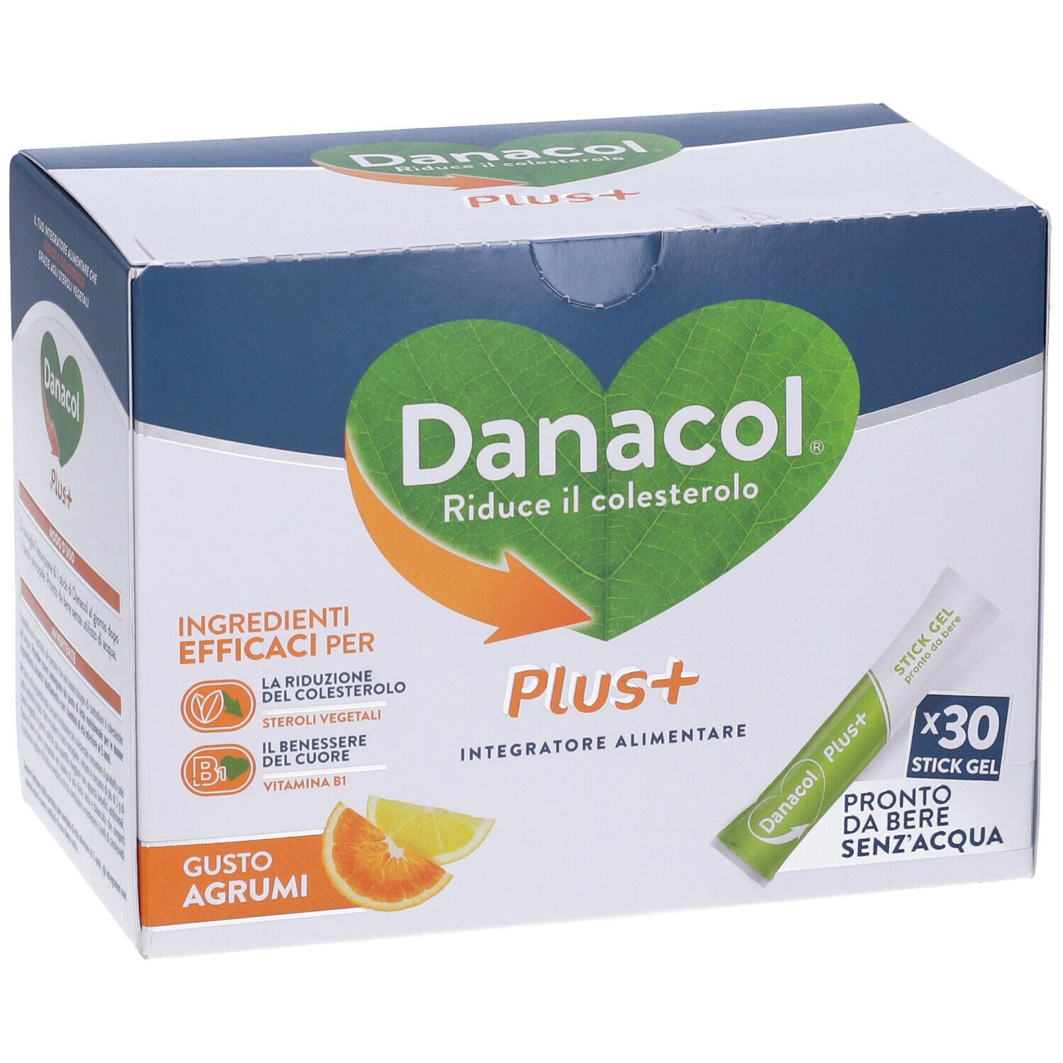 Scatola Danacol Plus+. Scritte: Danacol, Plus+, 30 Stickgel, Gusto Agrumi. Un stickgel è visibile.