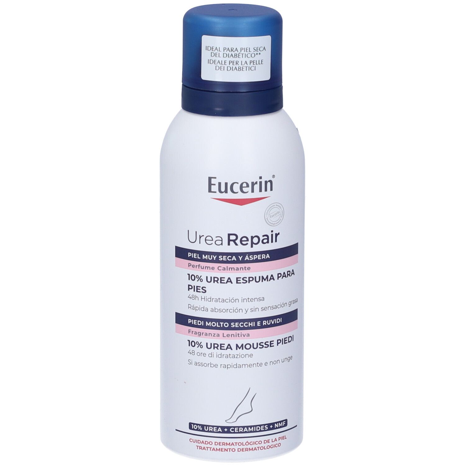 Weiße Flasche mit blauem Deckel. Aufschrift: Eucerin UreaRepair, 10% Urea Espuma para Pies, für sehr trockene Haut.