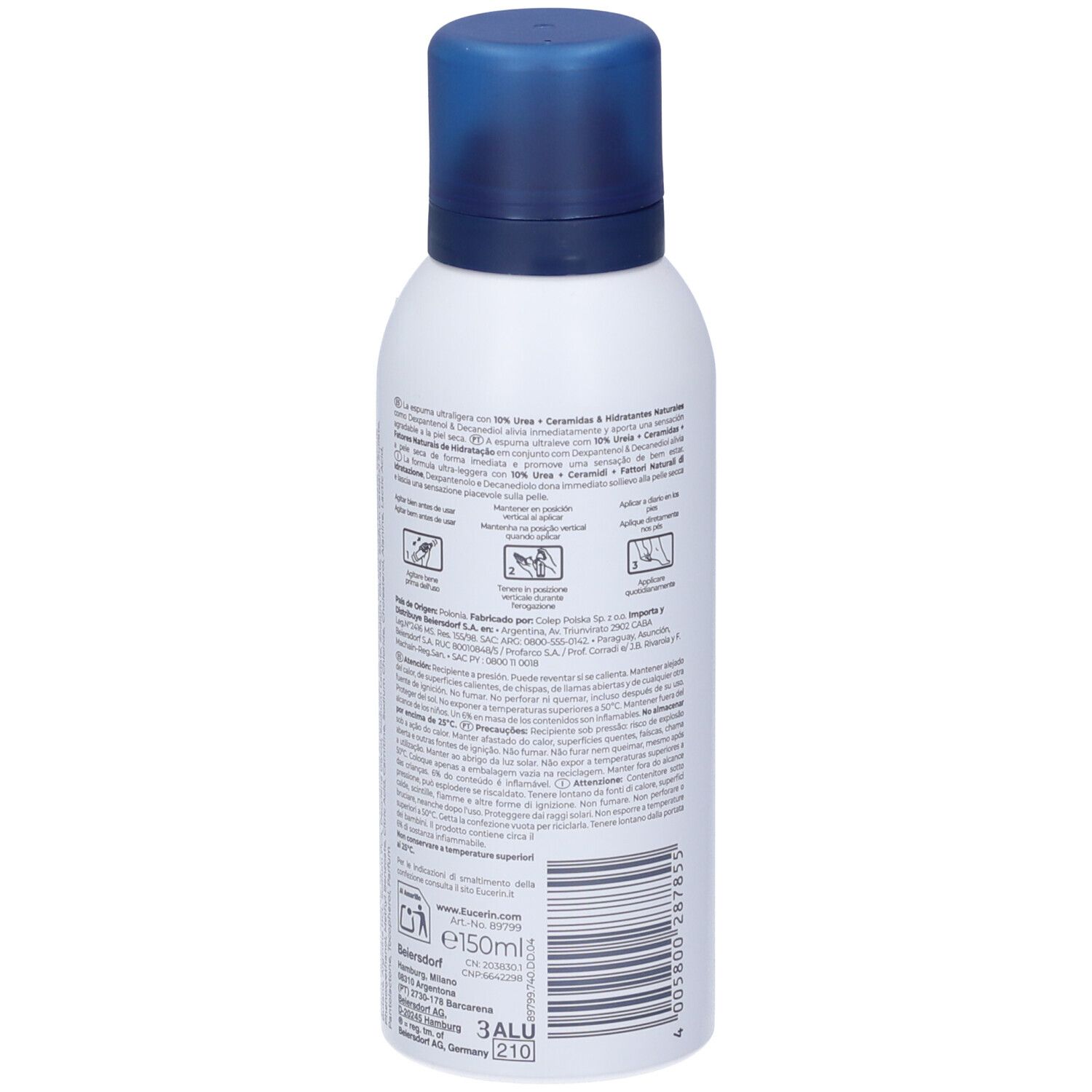 Rückseite der weißen Flasche mit blauem Deckel. Text und Piktogramme. Produktname: Eucerin UreaRepair.