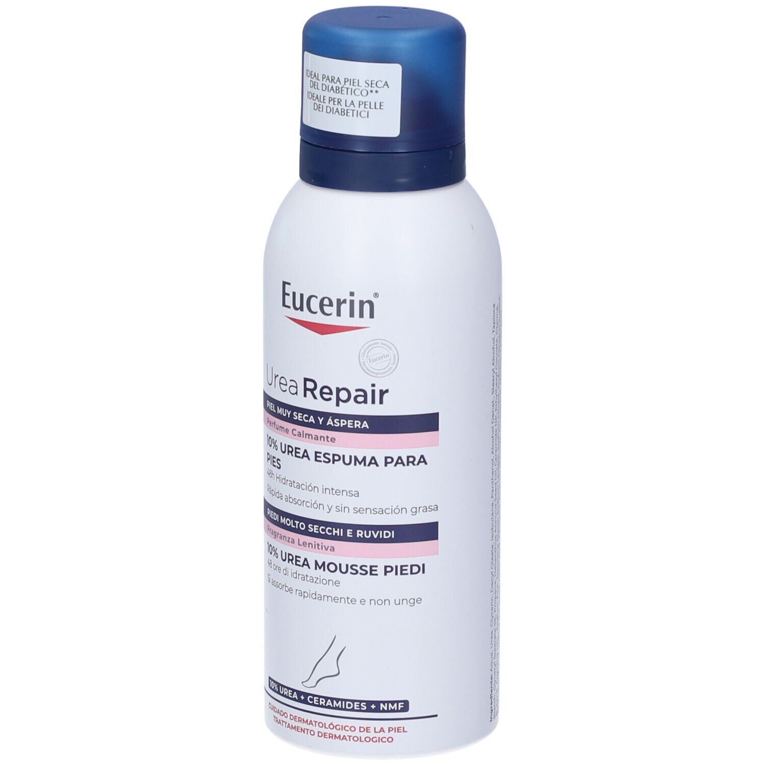 Weiße Flasche mit blauem Deckel. Aufschrift: Eucerin UreaRepair, 10% Urea Espuma para Pies, für sehr trockene Haut.