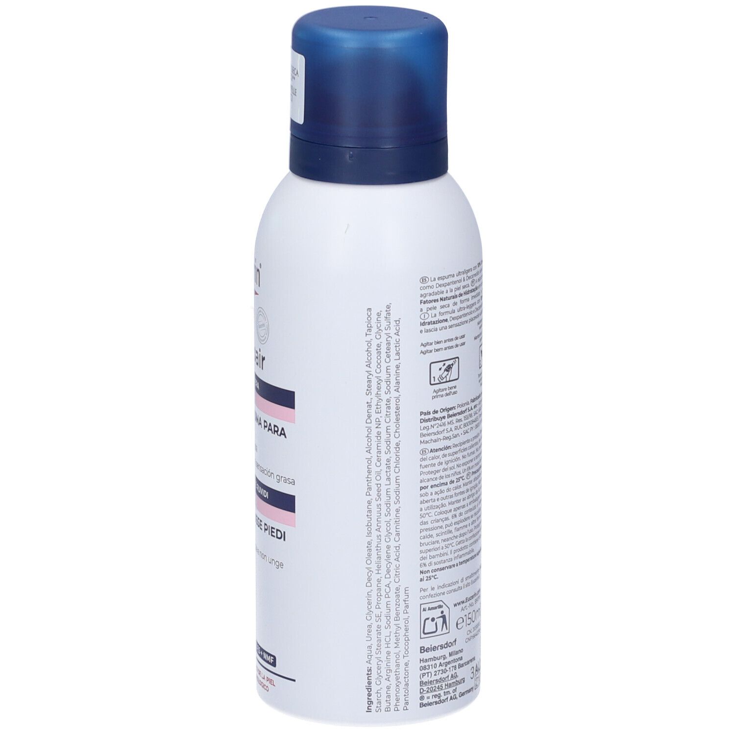 Weiße Flasche mit blauem Deckel. Rückseite mit Text. Produktname: Eucerin UreaRepair.