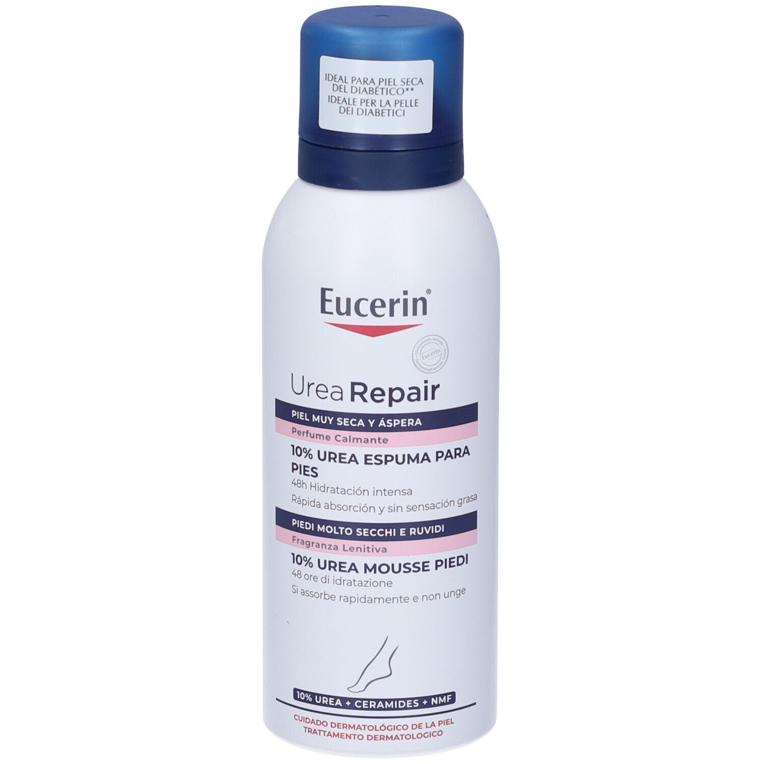 Weiße Flasche mit blauem Deckel. Aufschrift: Eucerin UreaRepair, 10% Urea Espuma para Pies, für sehr trockene Haut.