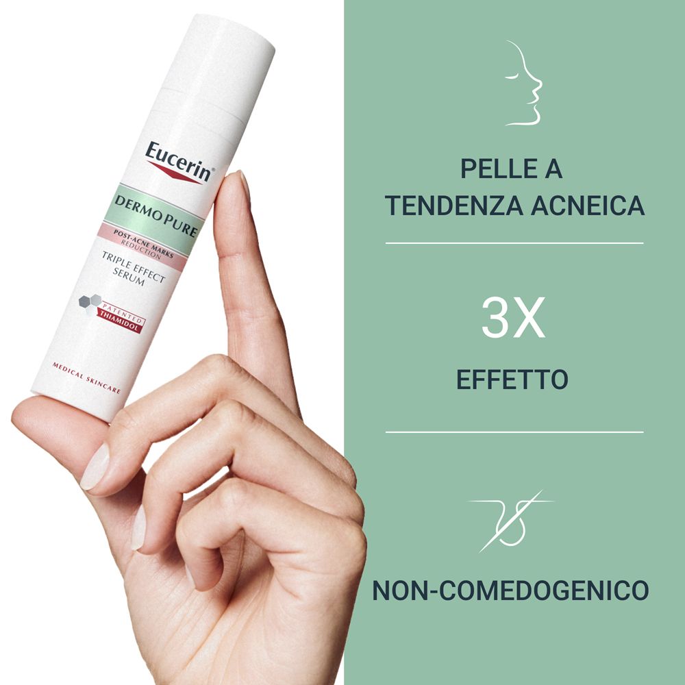Mano che tiene il siero Eucerin DermoPurifyer. Testo: 3X effetto, non comedogenico. Per pelli a tendenza acneica.