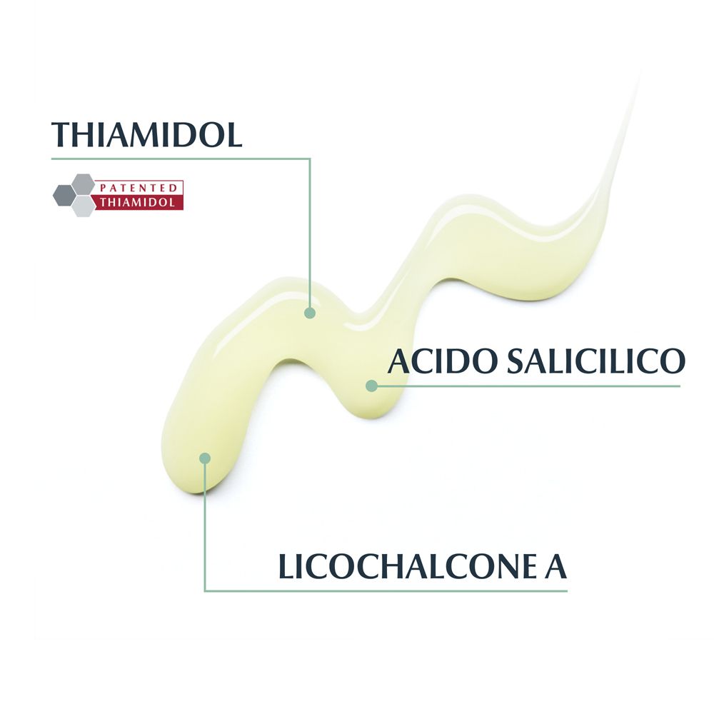 Illustrazione degli ingredienti: Thiamidol, acido salicilico, licochalcone A. Prodotto: Eucerin DermoPurifyer.