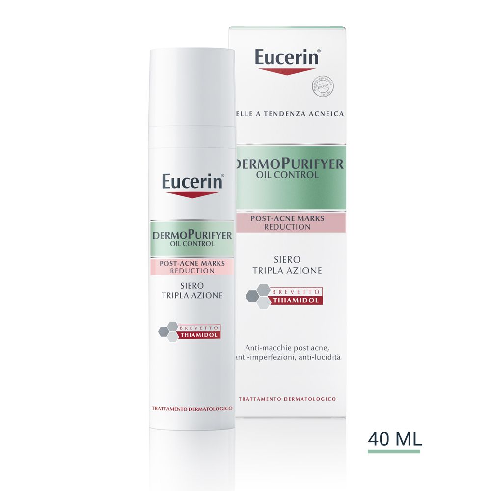 Siero Eucerin DermoPurifyer. Flacone e confezione bianchi. Testo: Riduzione segni post-acne, Siero Tripla Azione, 40 ml.