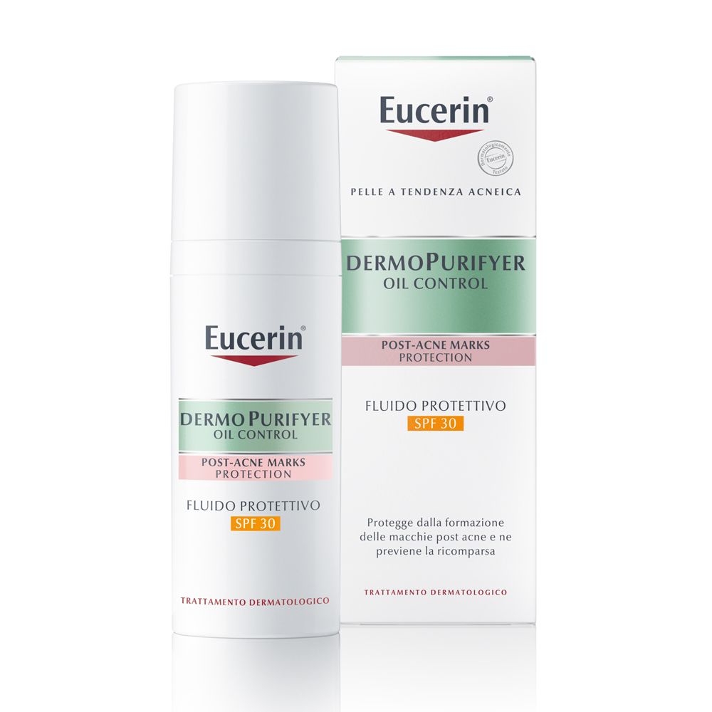 Eucerin DermoPurifyer Fluido SPF 30, flacone e confezione. Testo: Oil Control, Post-Acne Marks Protection.