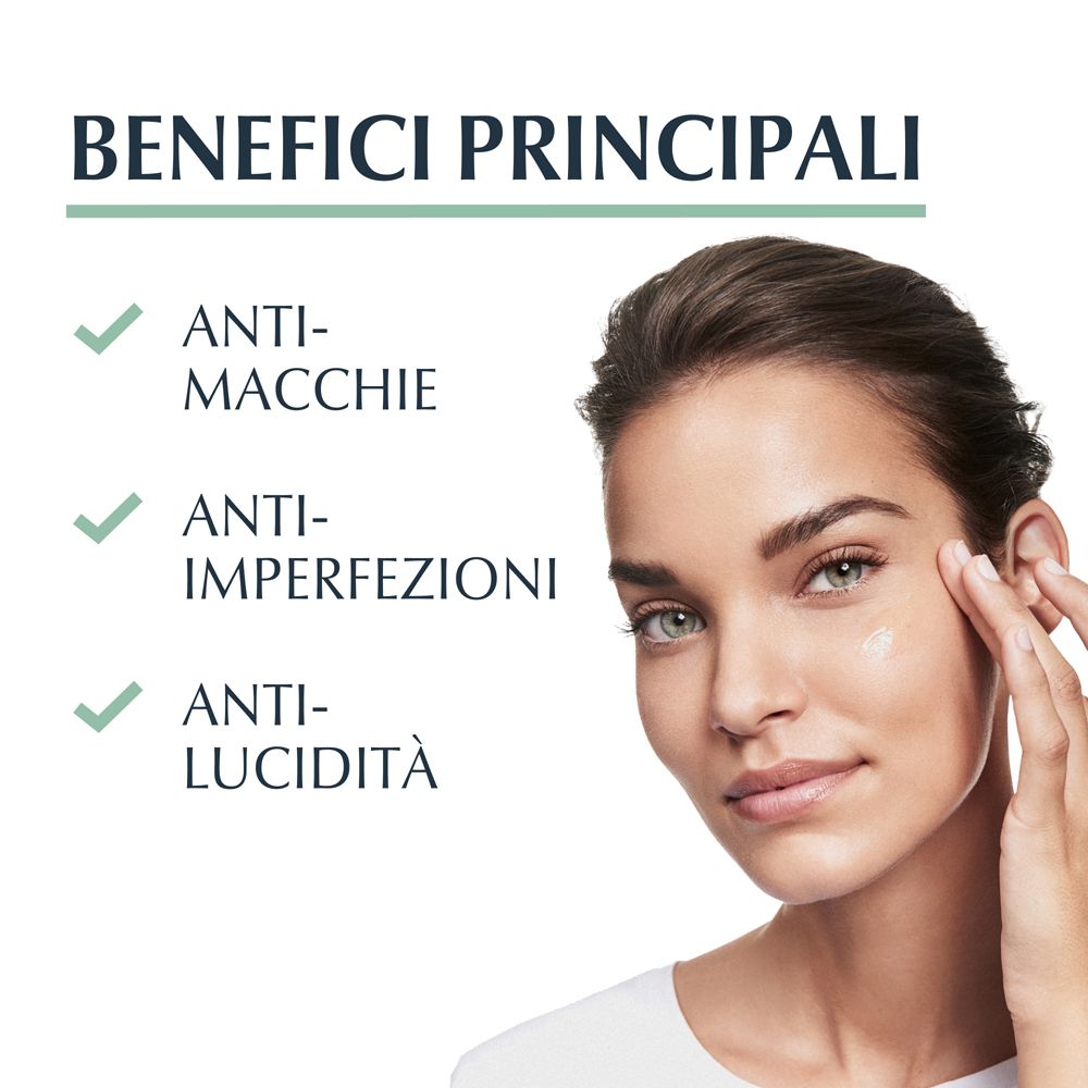 Donna tocca il viso. Testo: Anti-macchie, Anti-imperfezioni, Anti-lucidità. Logo Eucerin.
