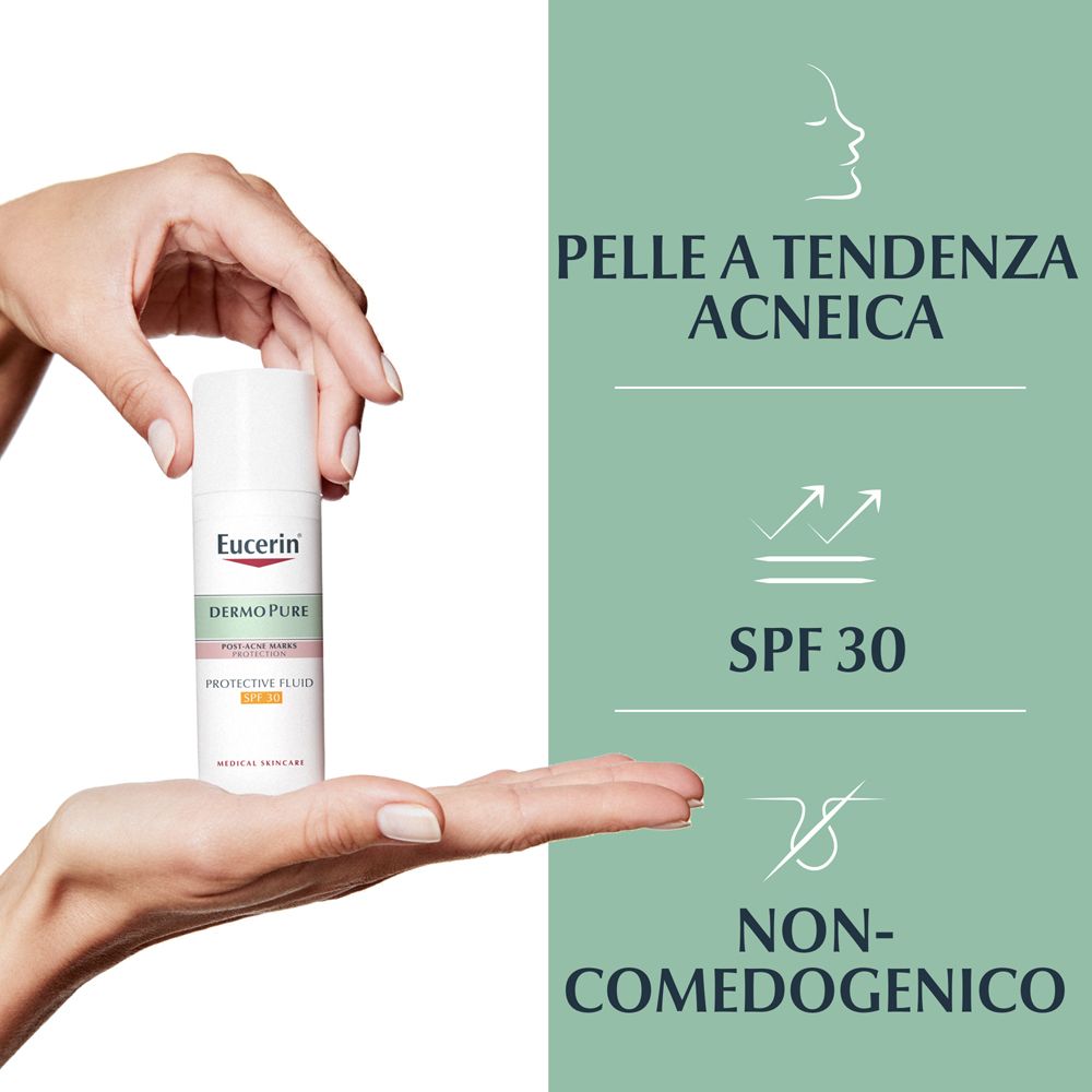 Mani che tengono Eucerin DermoPurifyer Fluido SPF 30. Testo: SPF 30, non comedogenico.