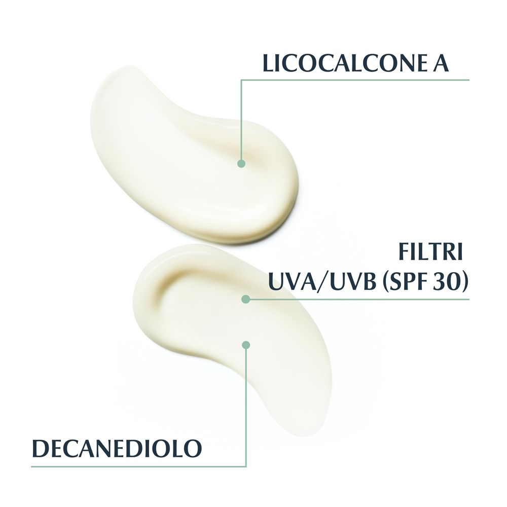 Due liquidi chiari con etichette: Licochalcone A, Filtri UVA/UVB (SPF 30), Decanediolo.
