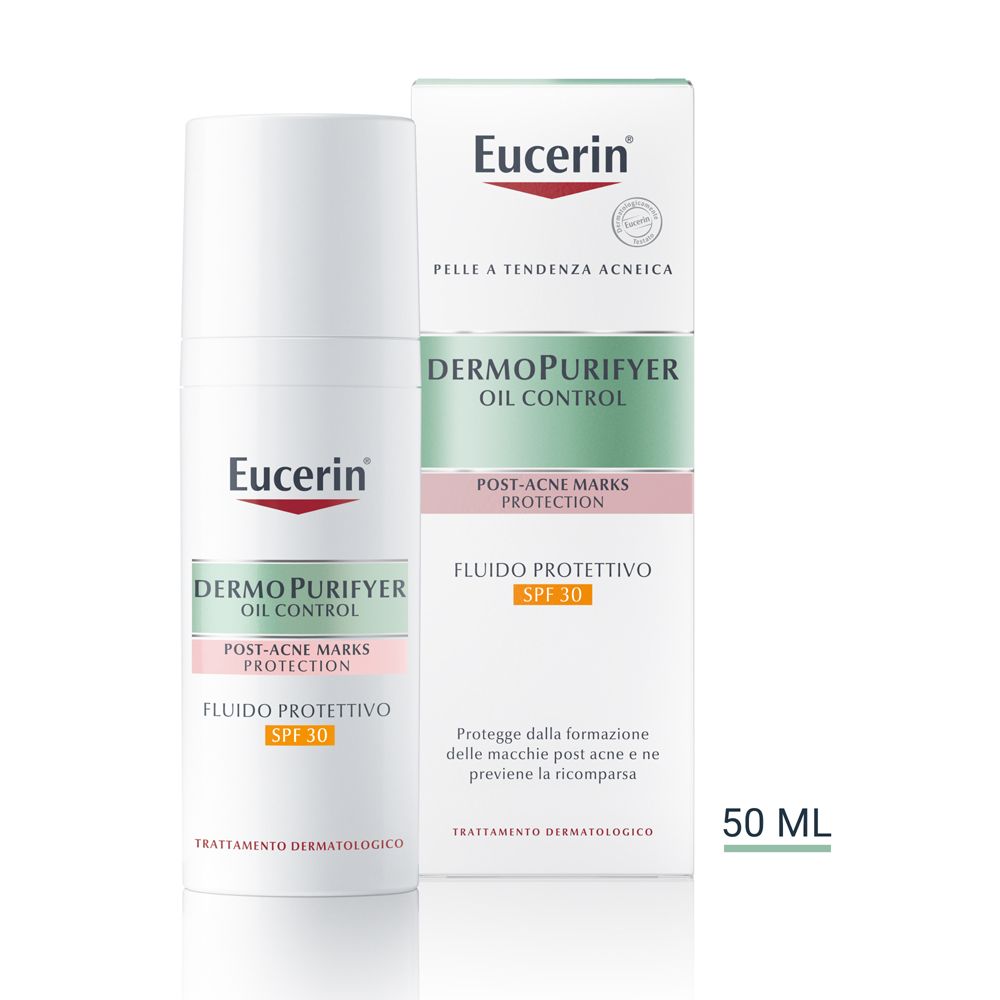 Eucerin DermoPurifyer Fluido SPF 30, flacone e confezione. Testo: Oil Control, Post-Acne Marks Protection.