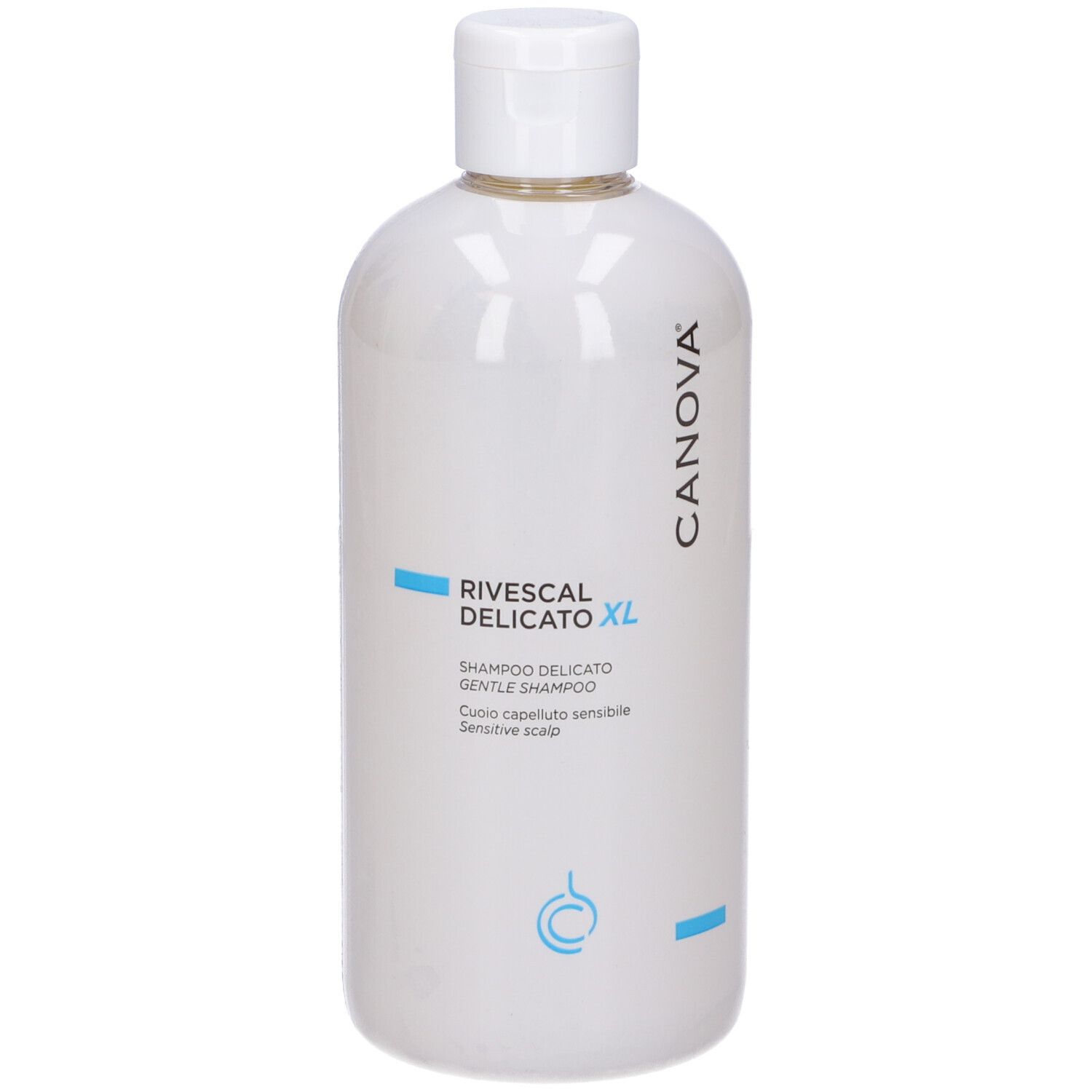 Flacone bianco con etichetta blu. Scritta: Rivescal Delicato XL, Shampoo. Marchio Canova.