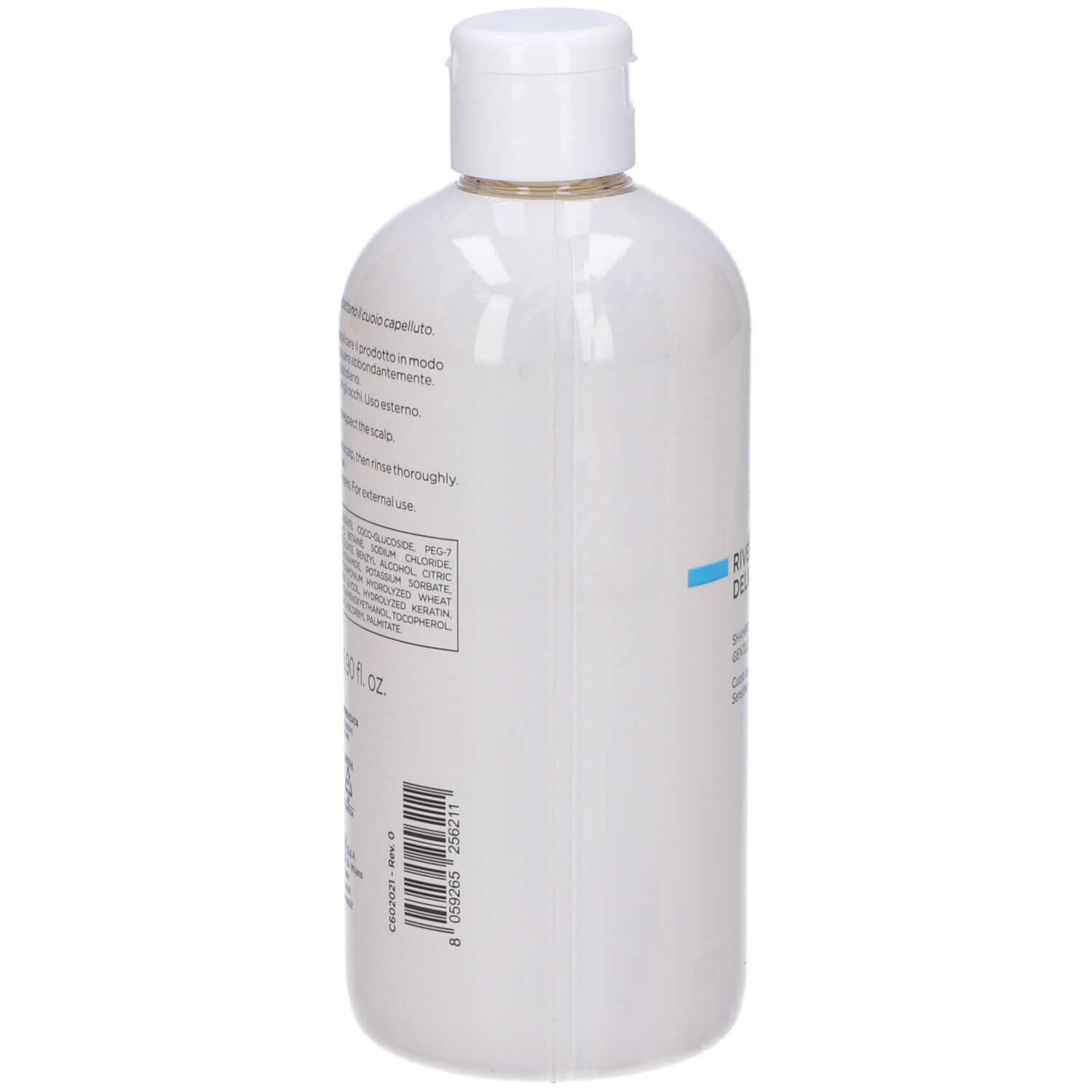 Flacone bianco, retro con testo. Contiene ingredienti e istruzioni. Marchio Canova.