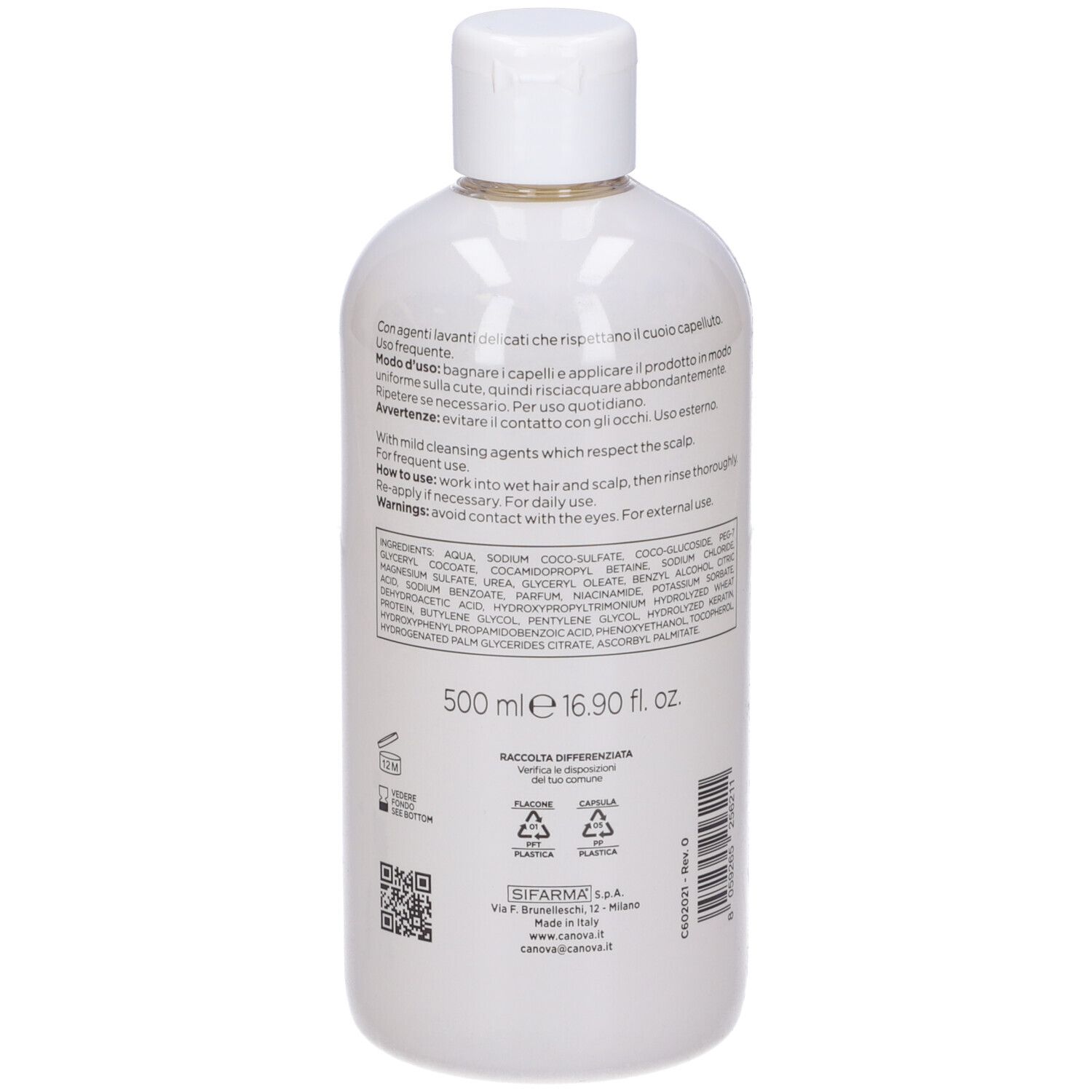Flacone bianco, retro con testo. Contiene ingredienti e istruzioni. Marchio Canova.